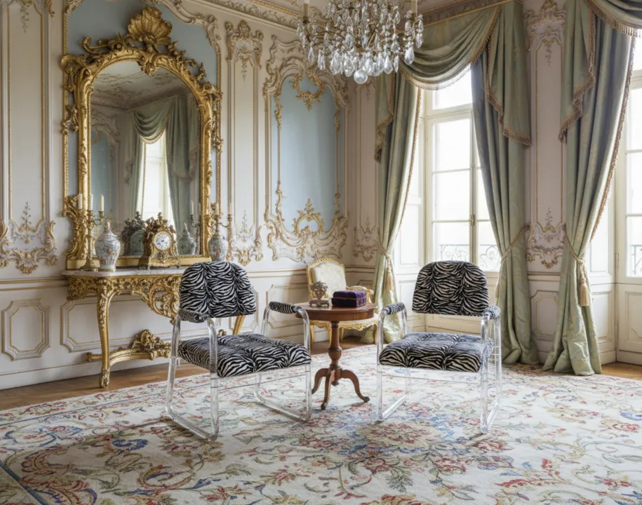 Due poltrone antiche art deco con design a righe in una stanza elegante.