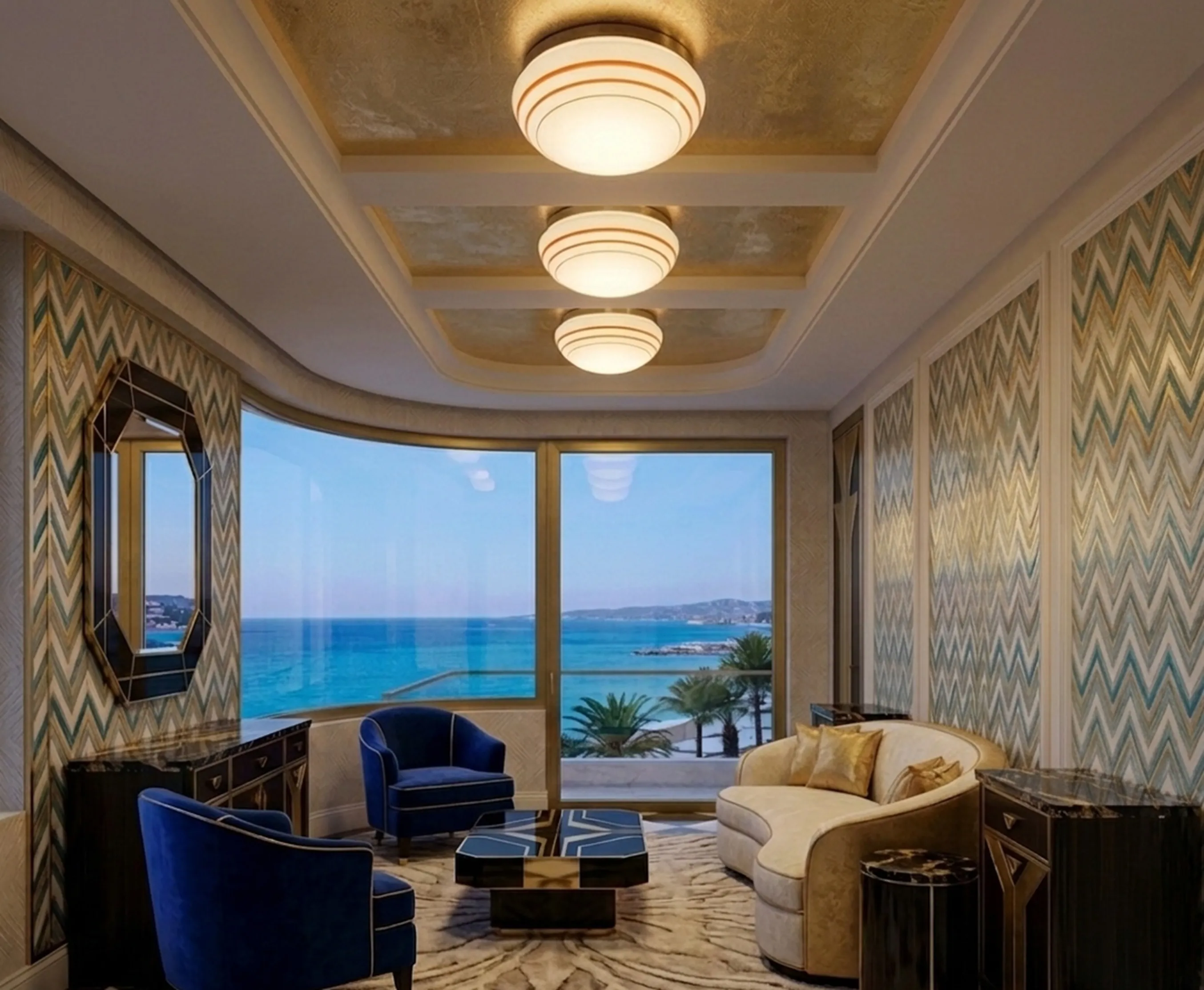 three antique ceiling lights in a bright living room with large windows