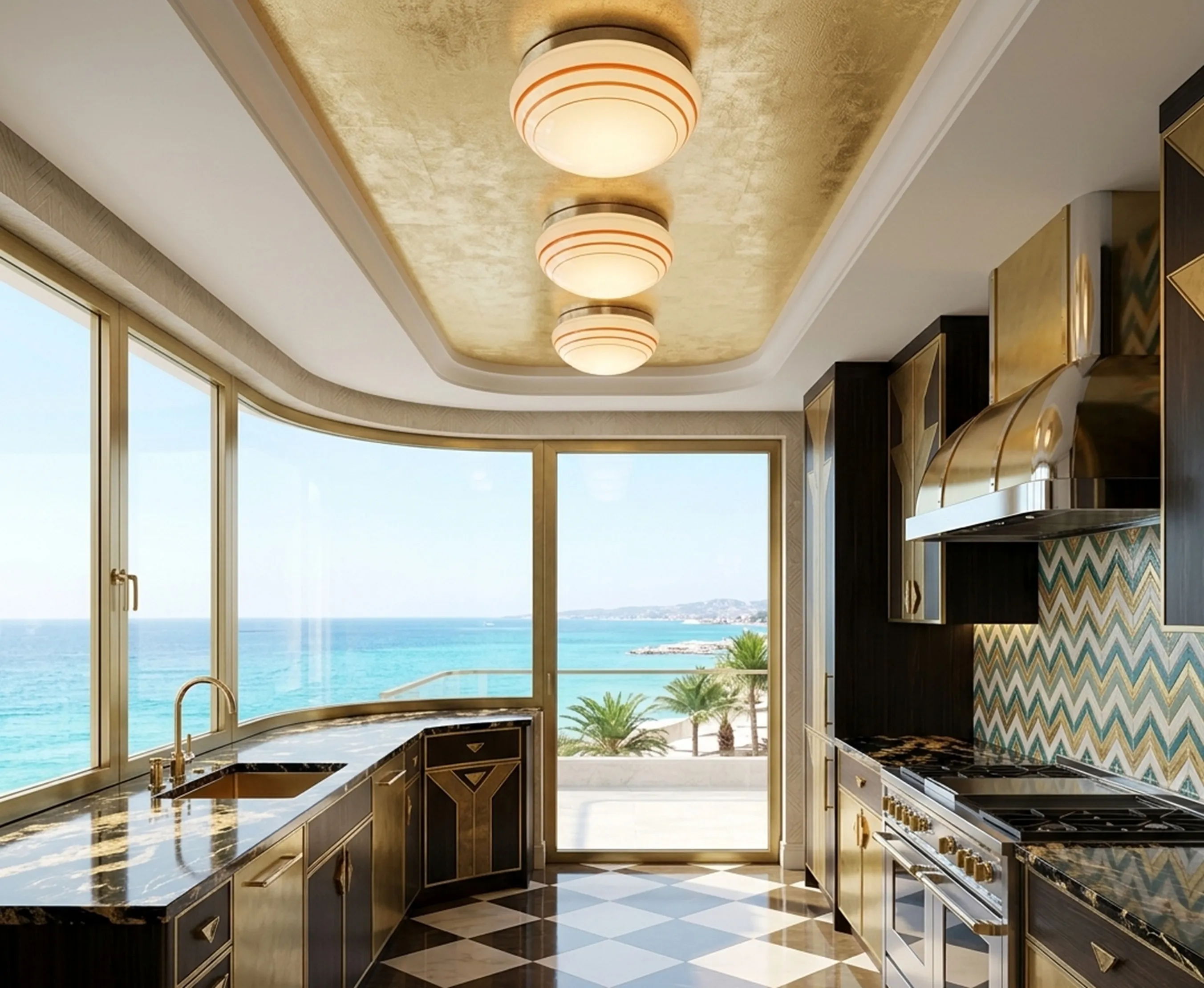 Three antique ceiling lights hanging in modern kitchen with ocean view