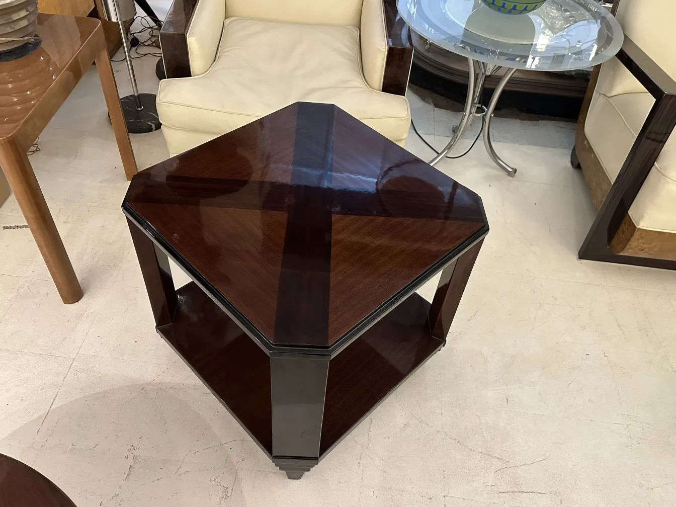 antique coffee table in a stylish setting with hexagonal shape