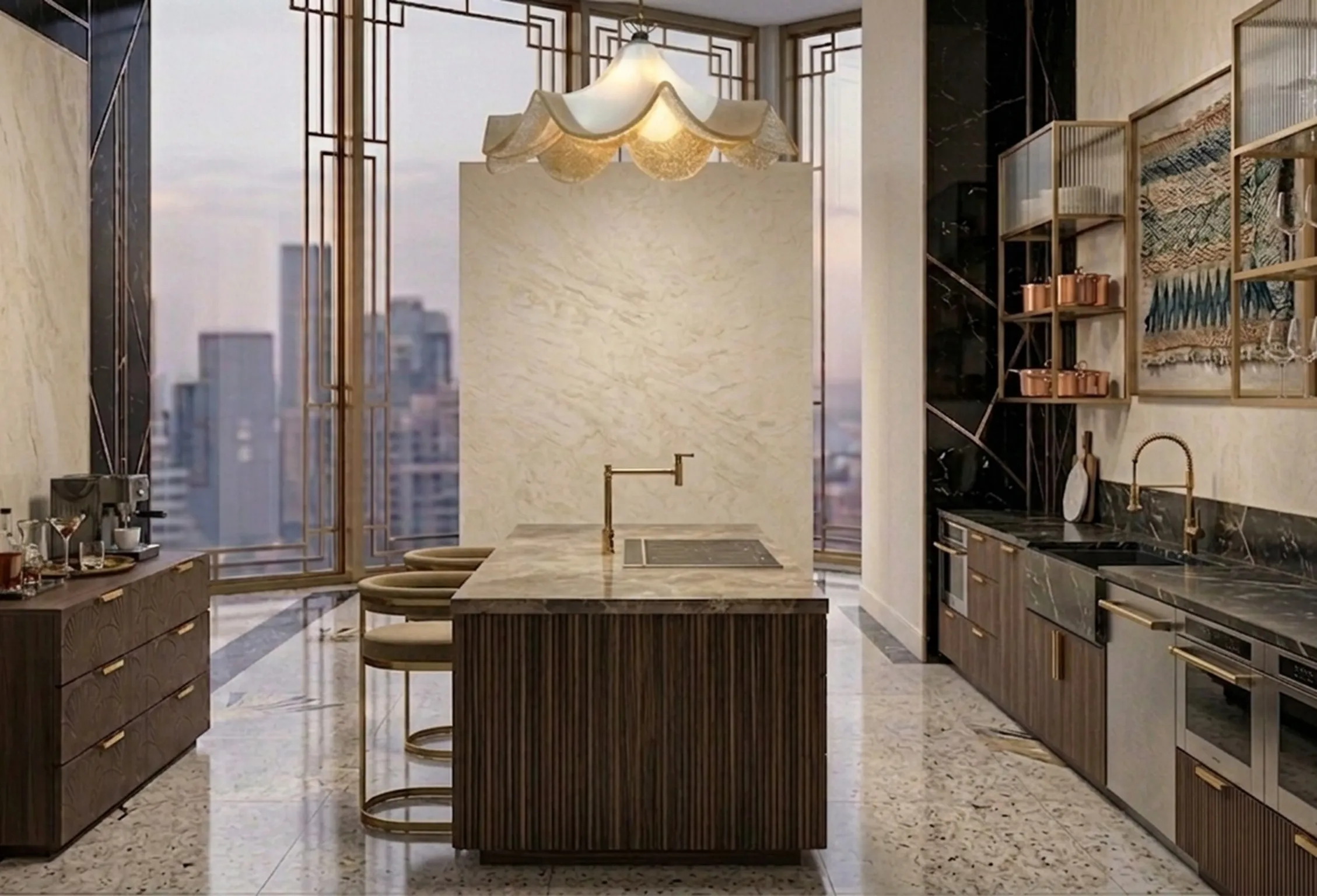 antique hanging lamp in a modern kitchen setting