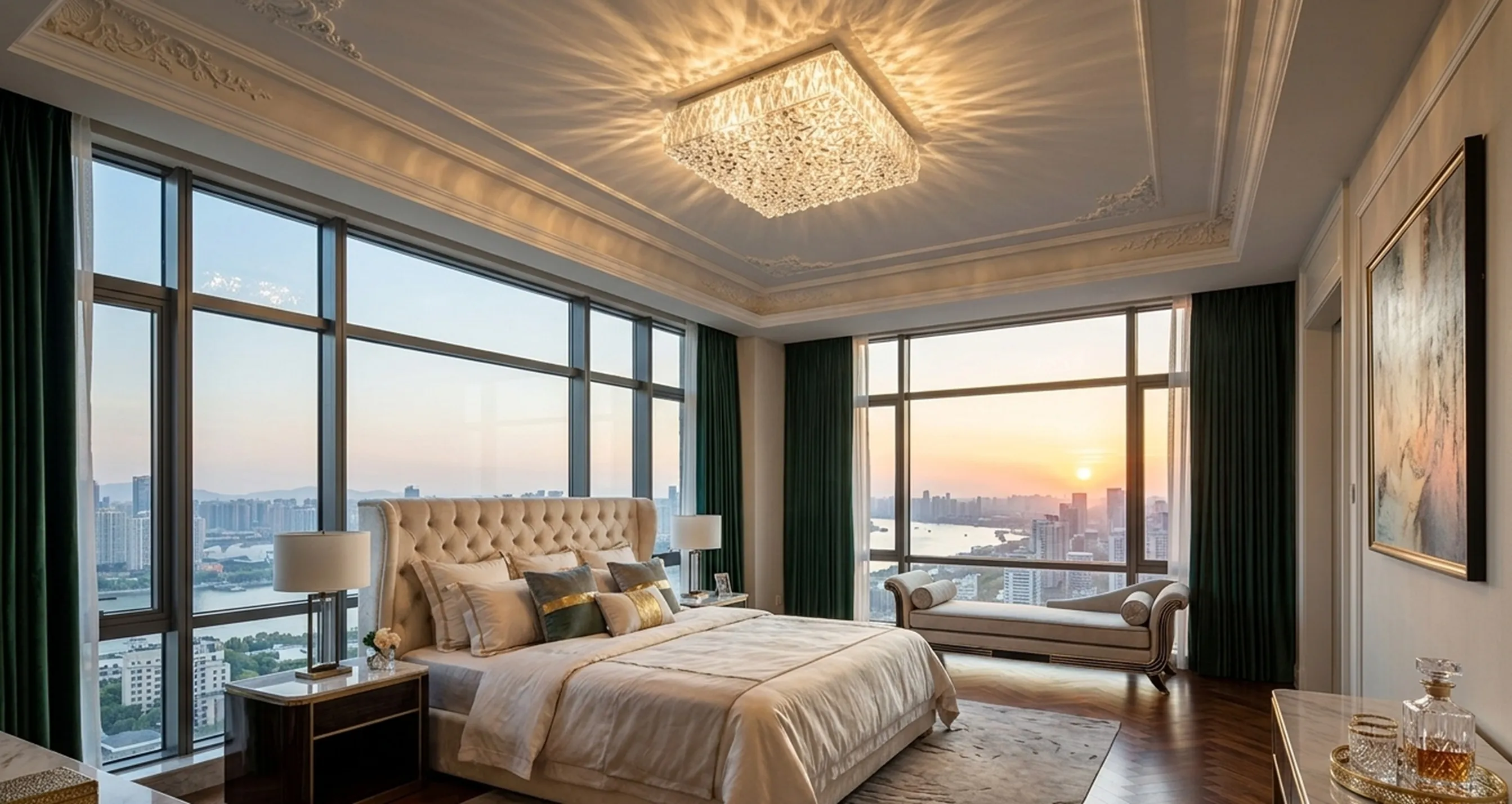 elegant antique ceiling light in modern bedroom with view