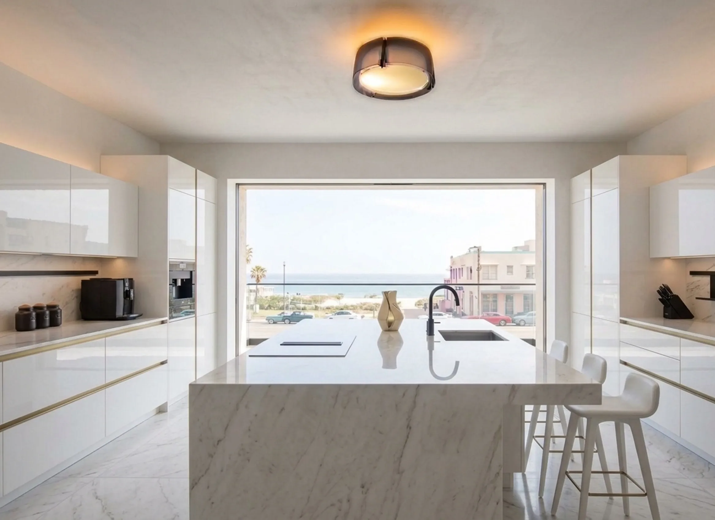 antique ceiling light illuminating a modern white kitchen