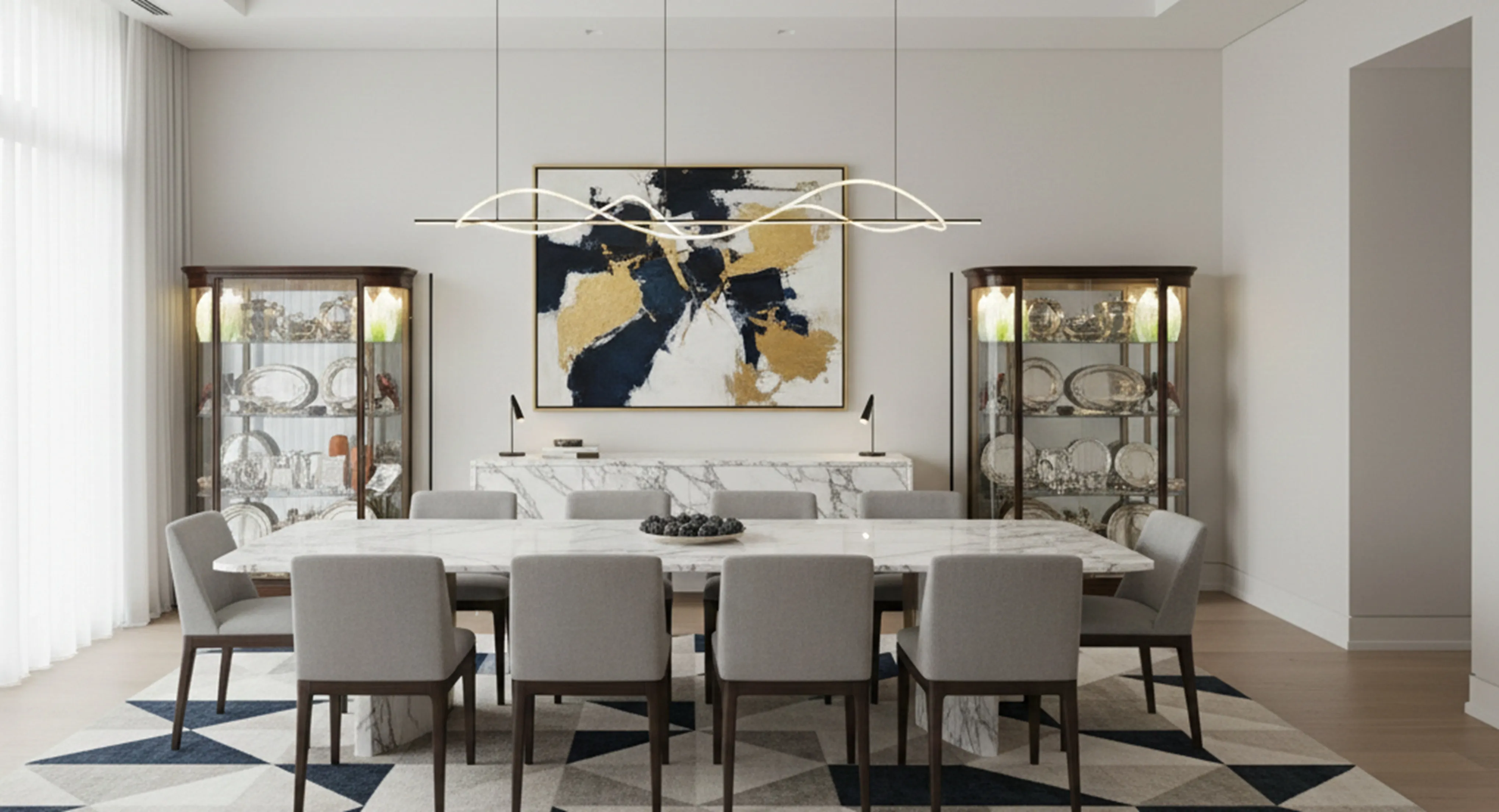 Two antique display cabinets in an elegant dining room with modern art