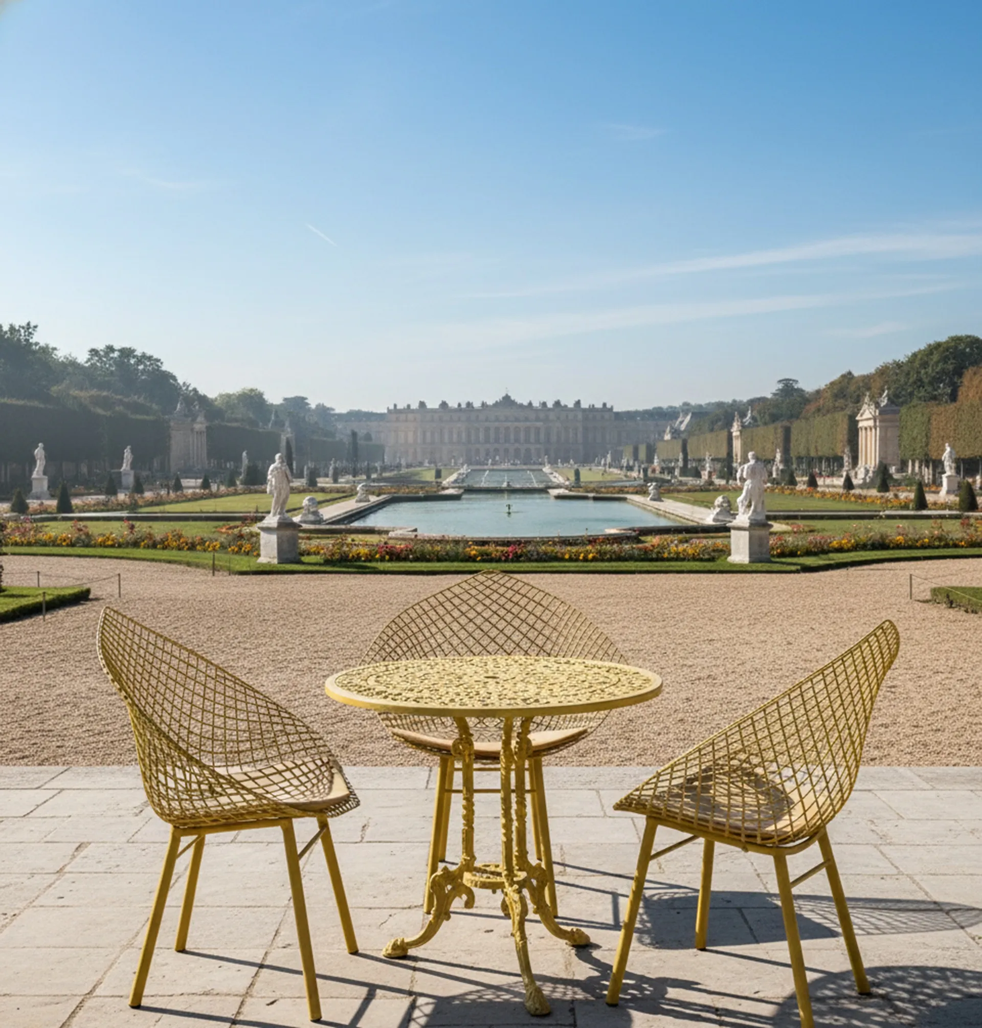 Three yellow antique garden armchairs outside