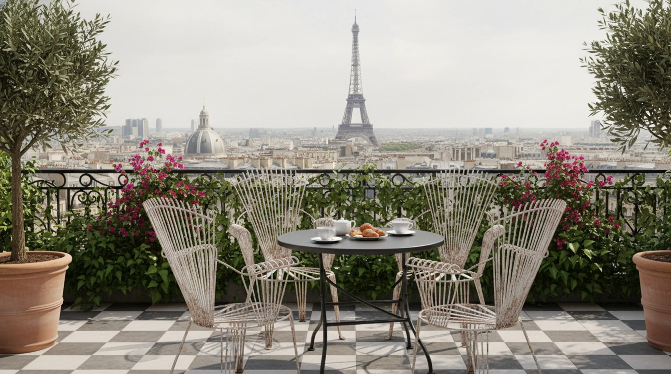Four antique garden armchairs on a balcony with a view.