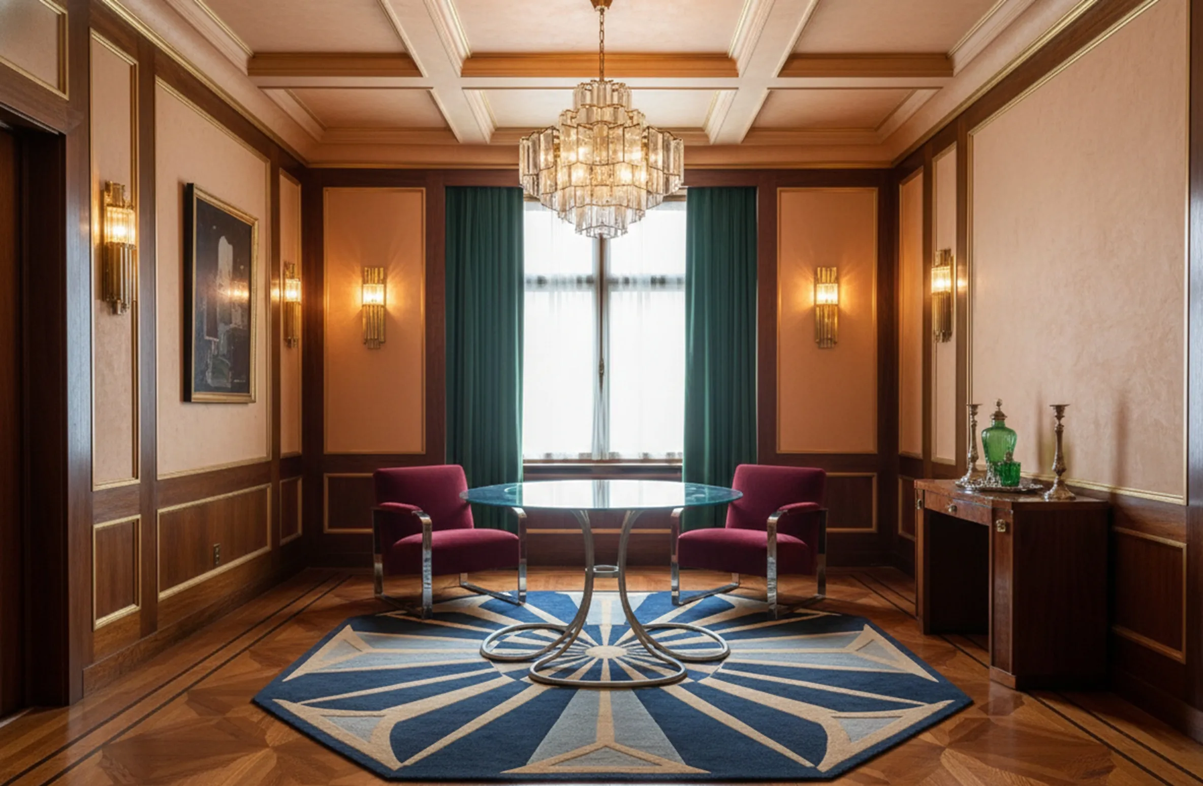 Antique dining table for 6 people with red chairs and decorative rug