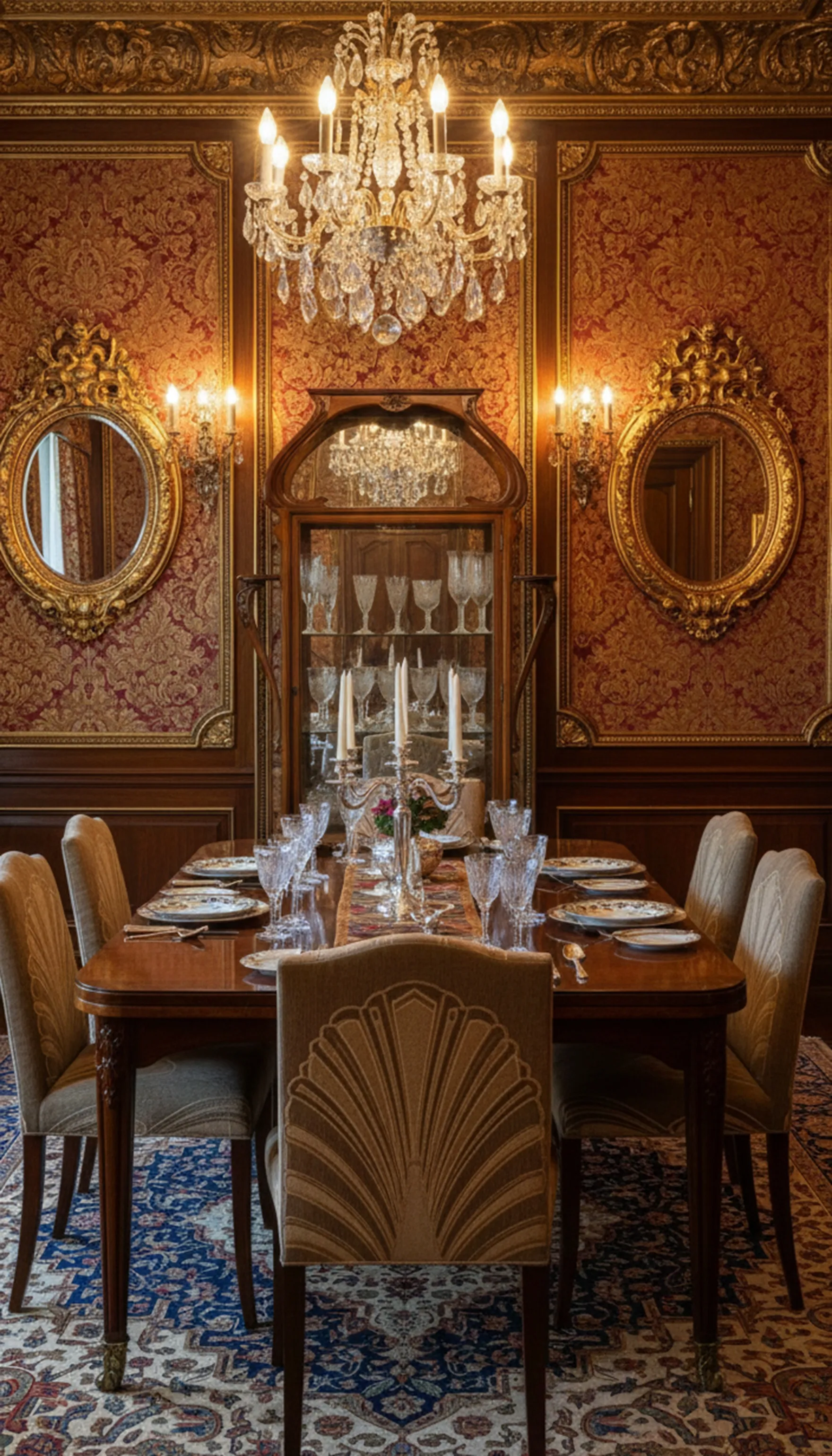 Antique display cabinet in an elegant setting with chandeliers and mirrors.