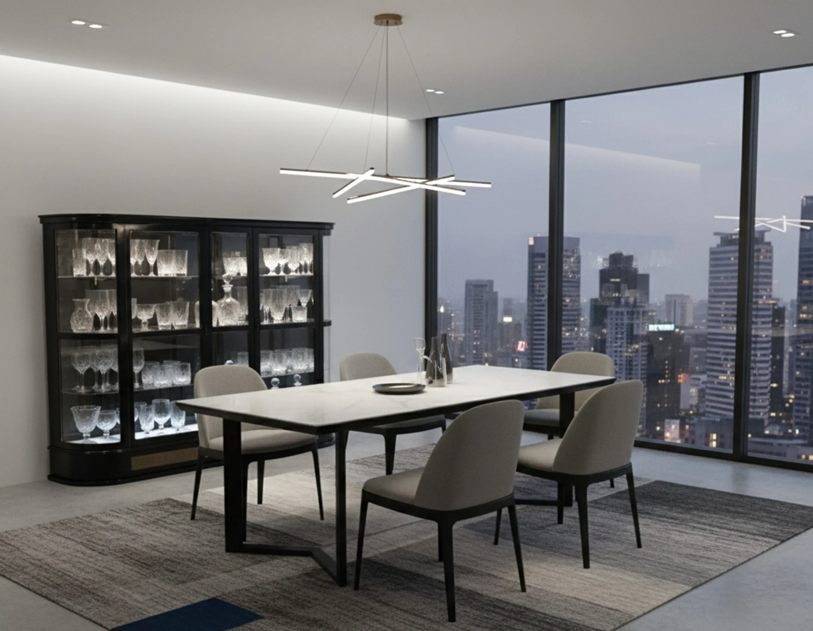 antique display cabinet showcasing crystal glass items in a modern setting