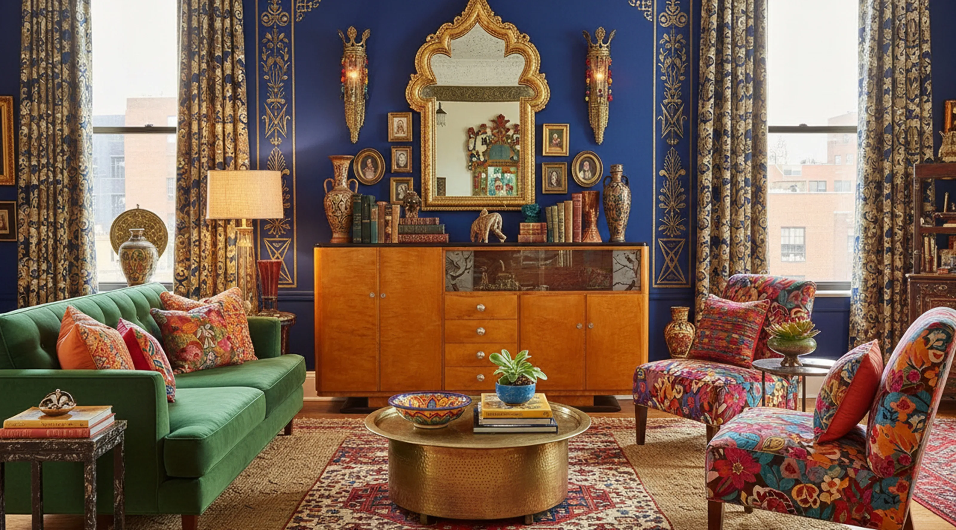 antique sideboard decorated with colorful vases and books