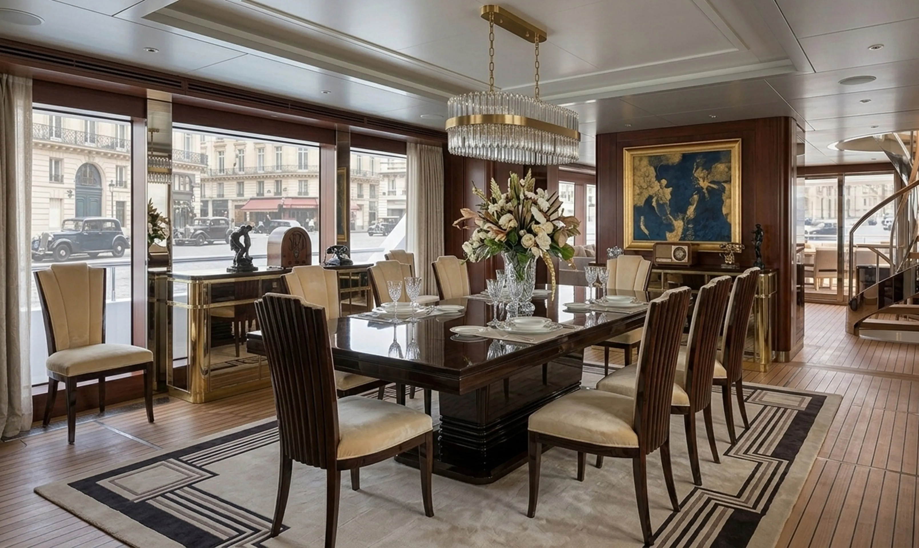 Antique dining table for ten with elegant chairs and decor