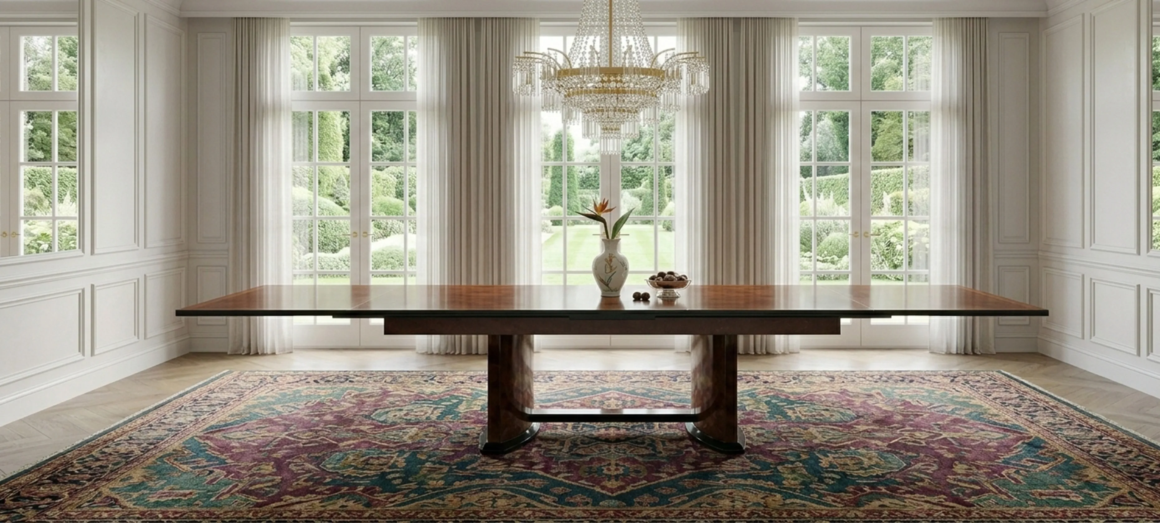 antique dining table for 12 people in a bright room with a garden view.