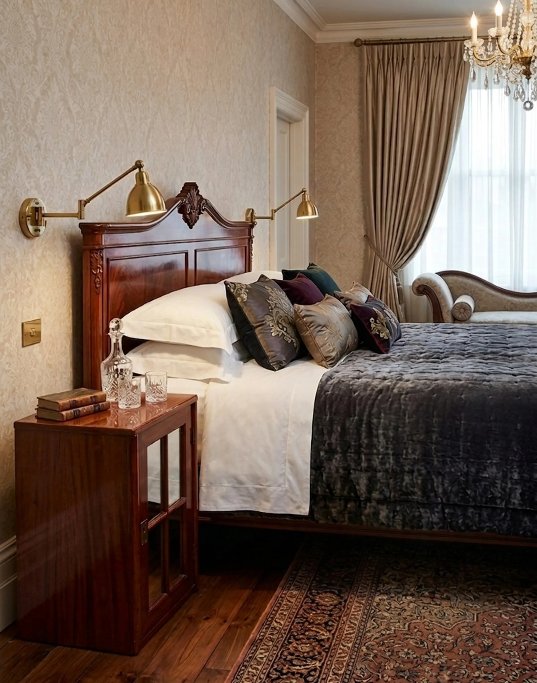 antique bedside table beside the bed with elegant decor