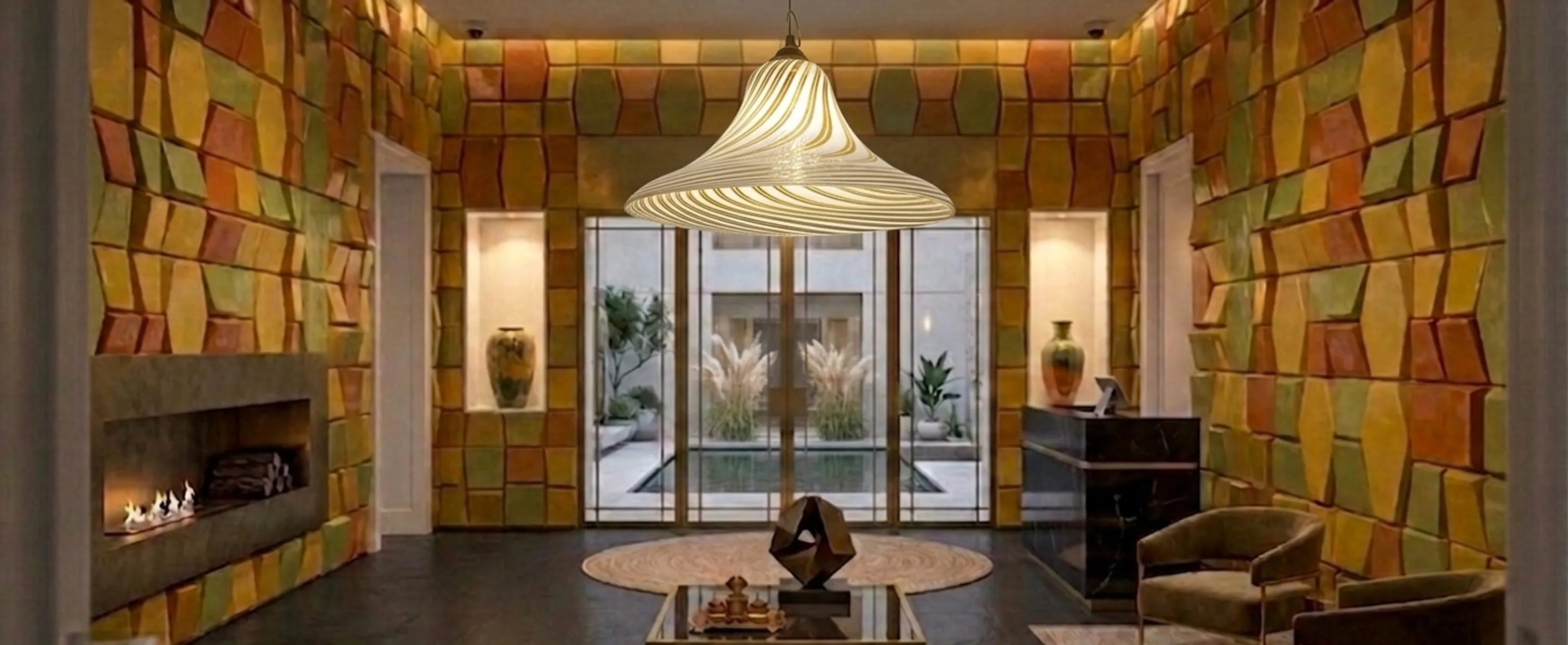 Antique hanging lamp Paolo Venini with contemporary design in a modern setting with colorful walls.