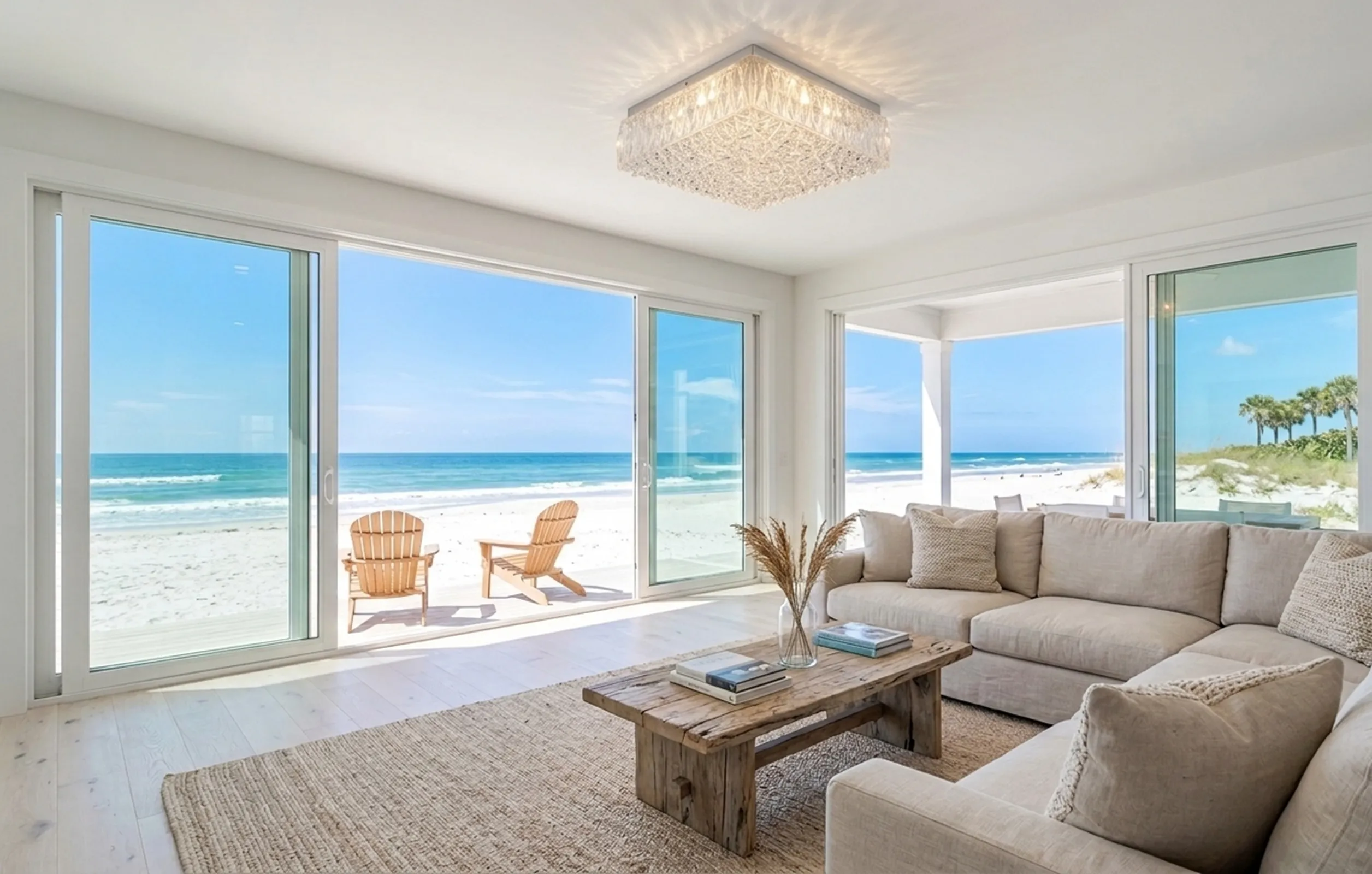 antique ceiling light in a bright room with sea views