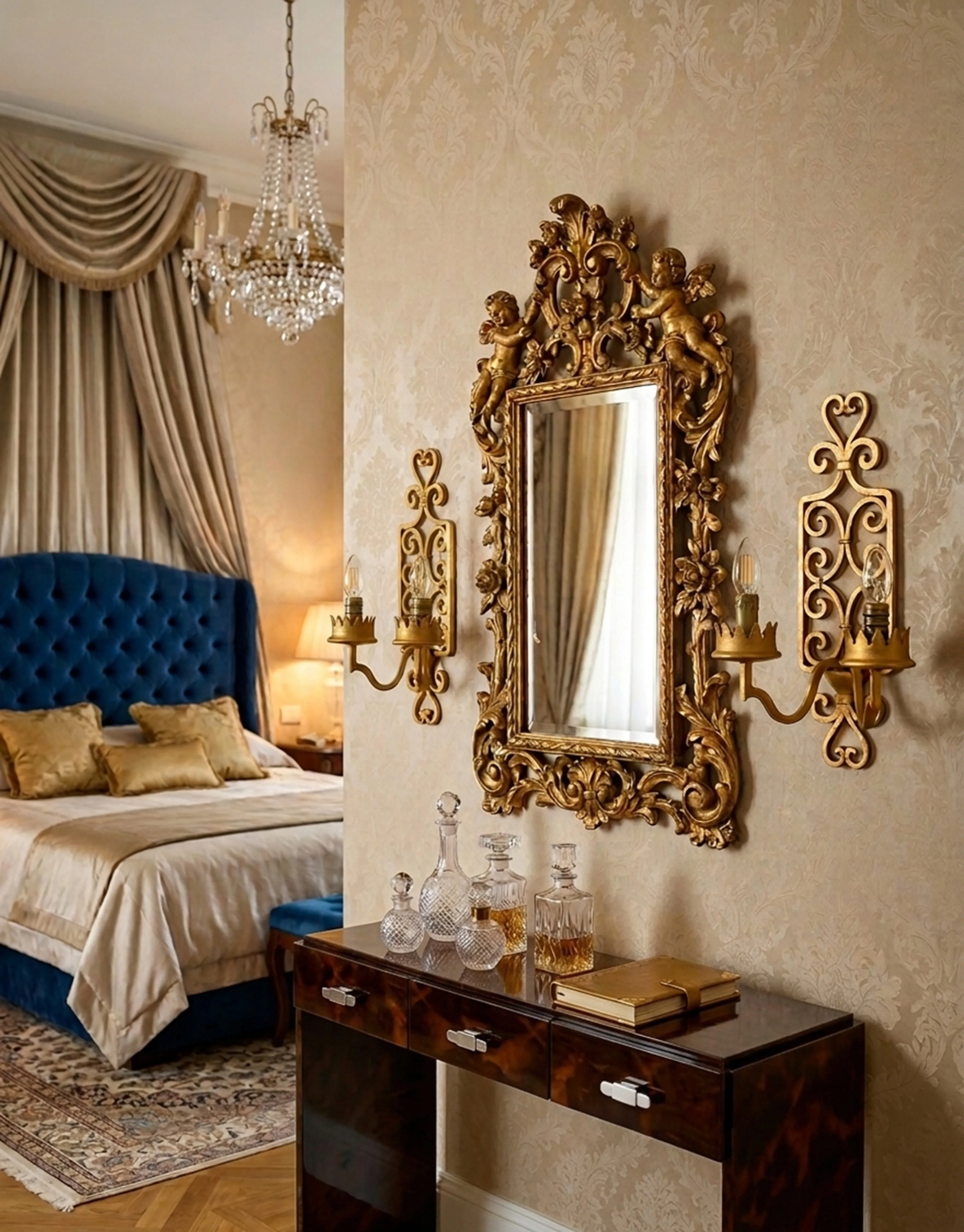 two antique consoles in luxurious setting with mirror and candles