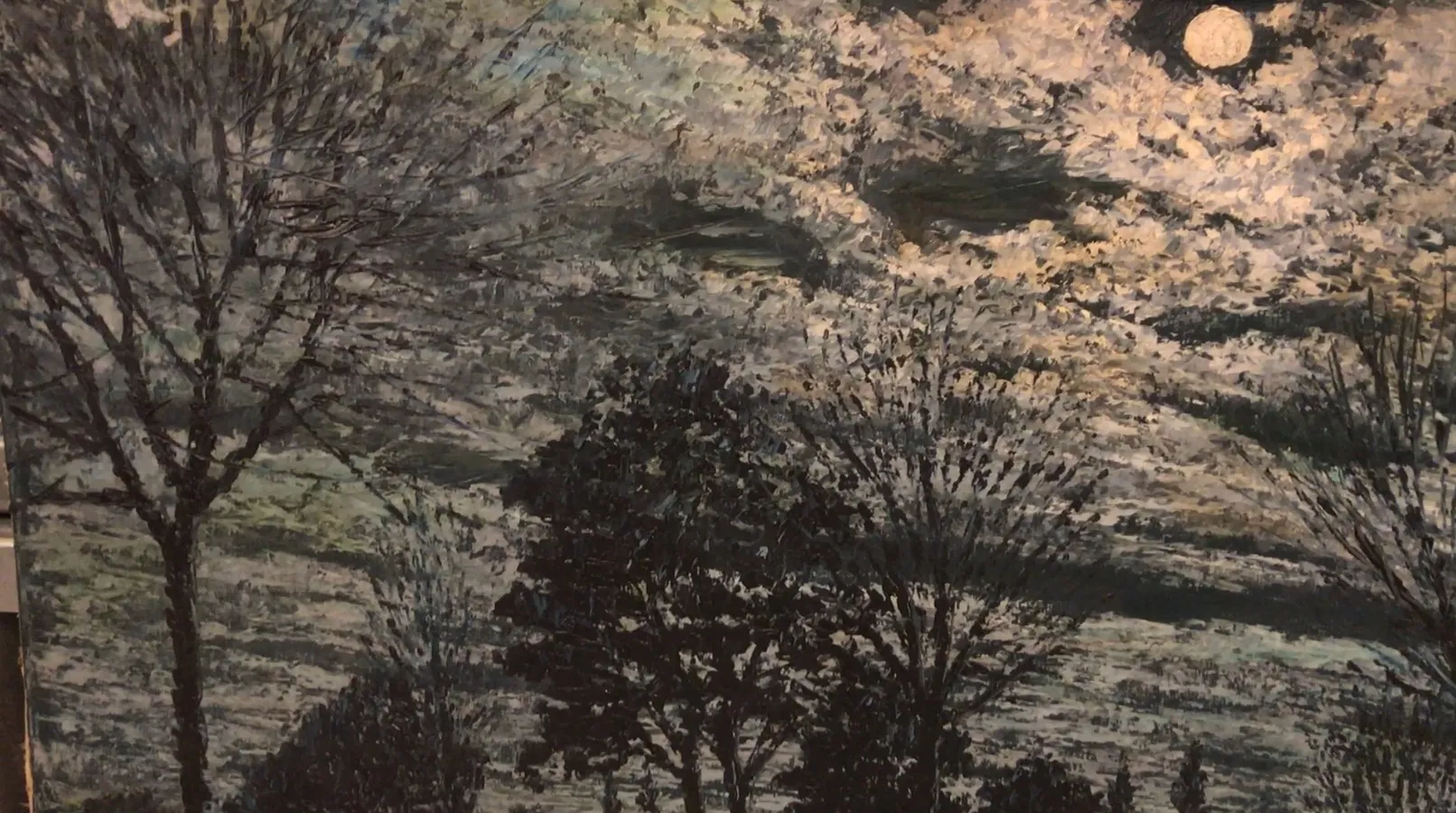 Pintura antiga Crispino representando uma paisagem noturna com árvores e céu estrelado.