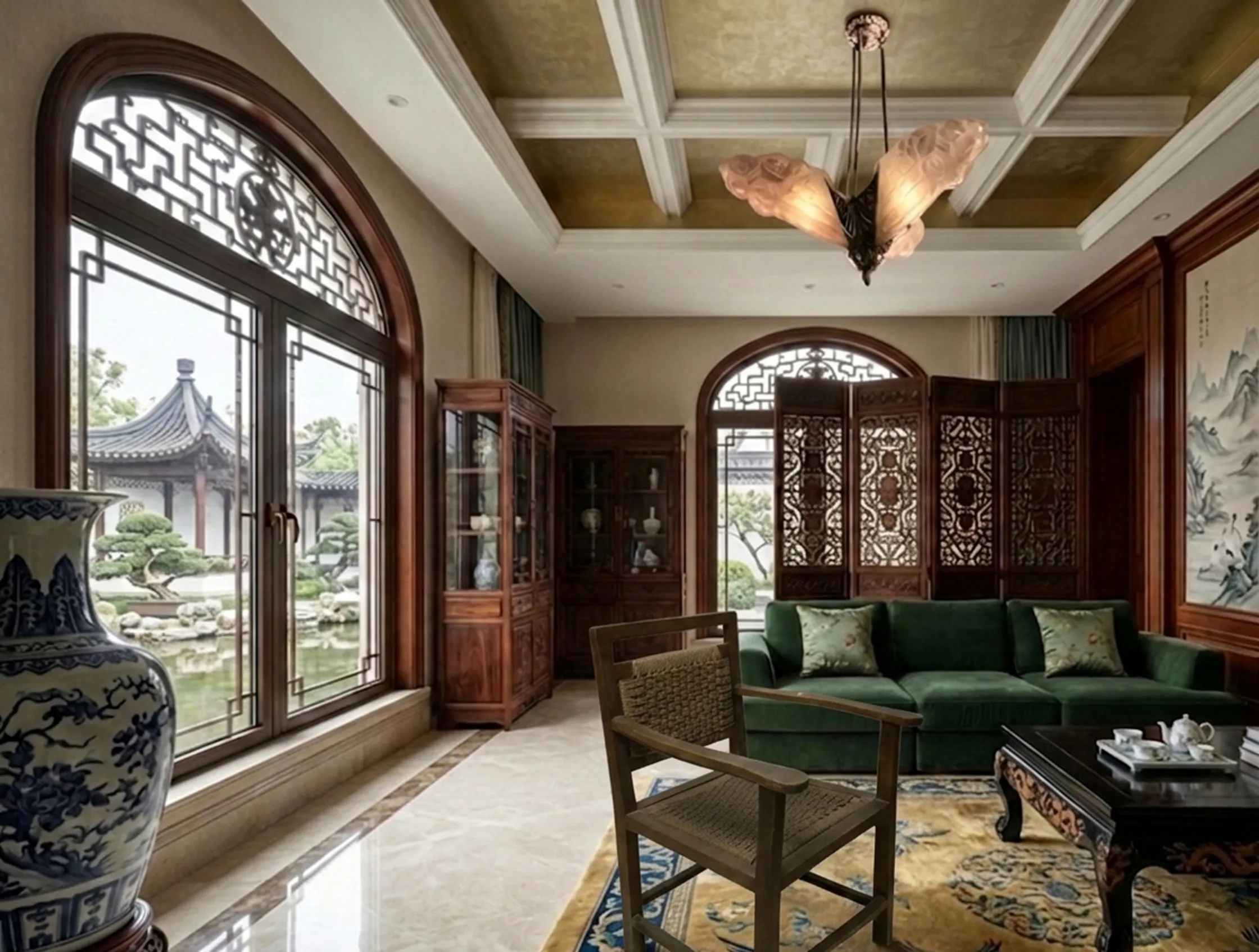 Antique armchair in a contemporary living room with elegant decor.