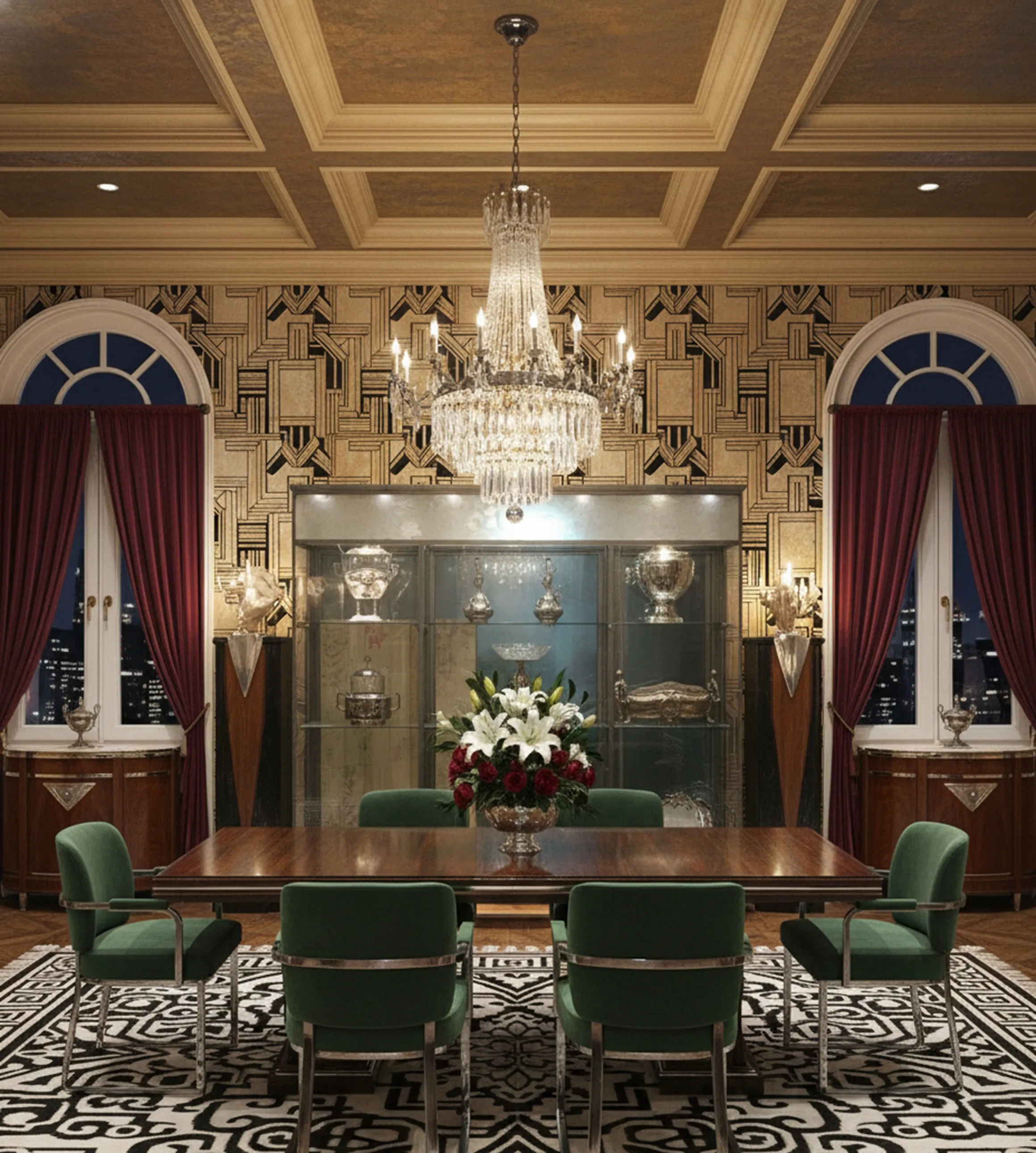 antique display cabinet in an elegant room with chandelier and flowers