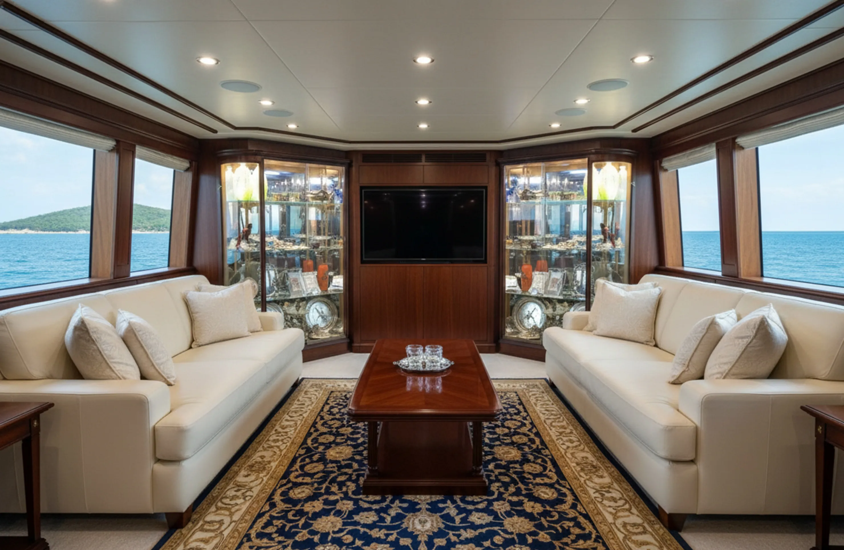 2 illuminated display cabinets showcasing antiques with modern decor