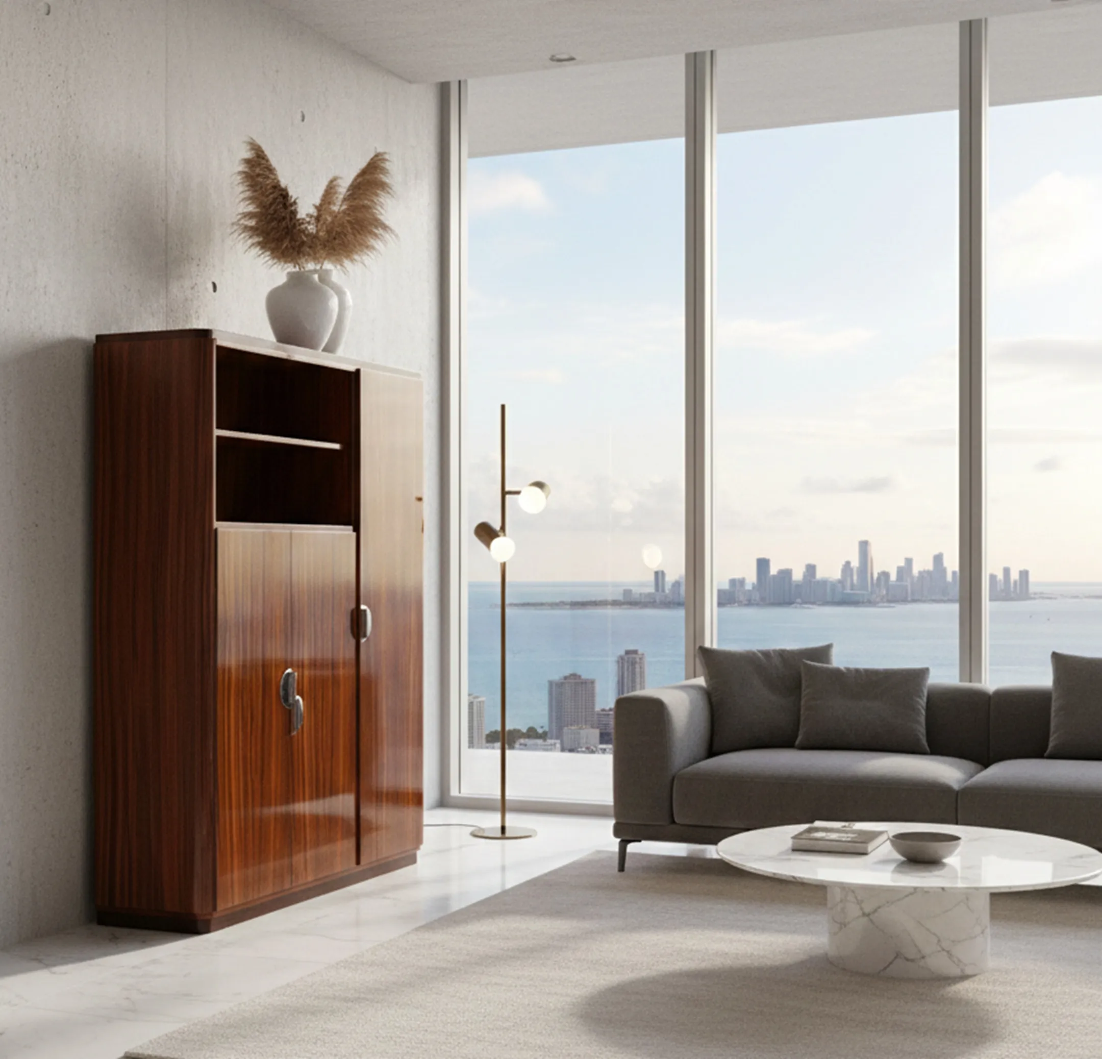 antique bookcase with sophisticated details and a modern sea view