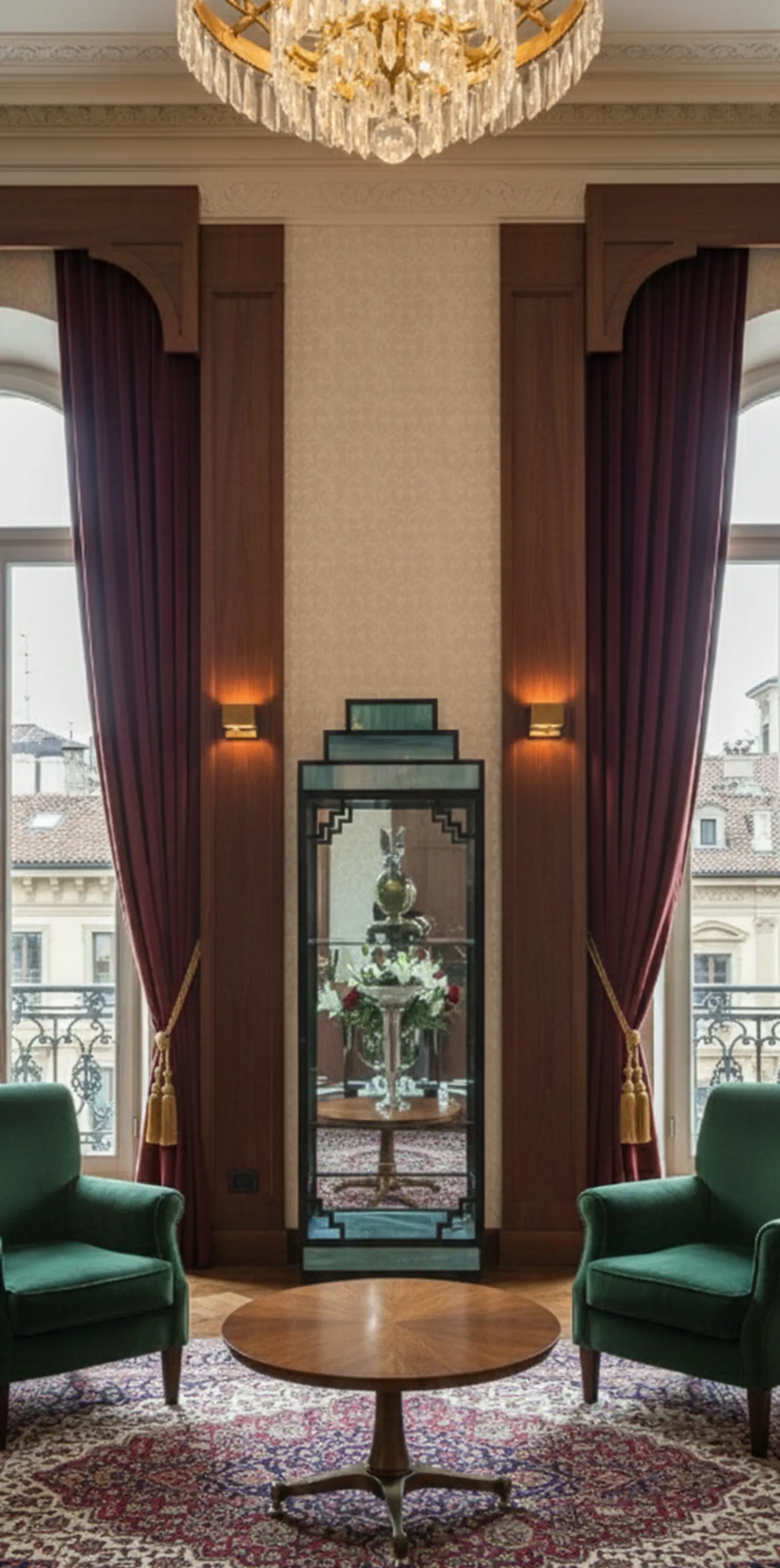 Antique display cabinet in an elegant living room with green armchairs.