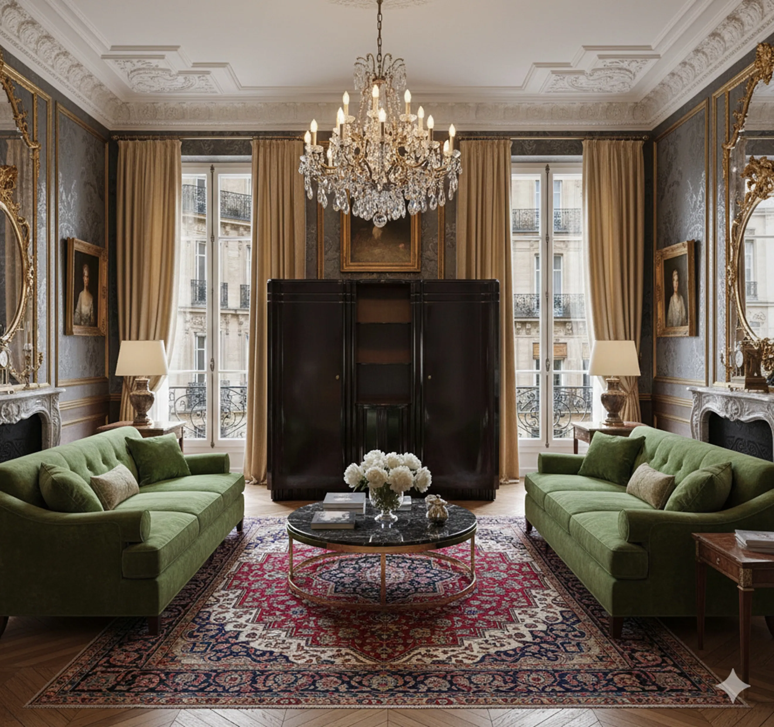 antique bar in elegant living room with green sofa