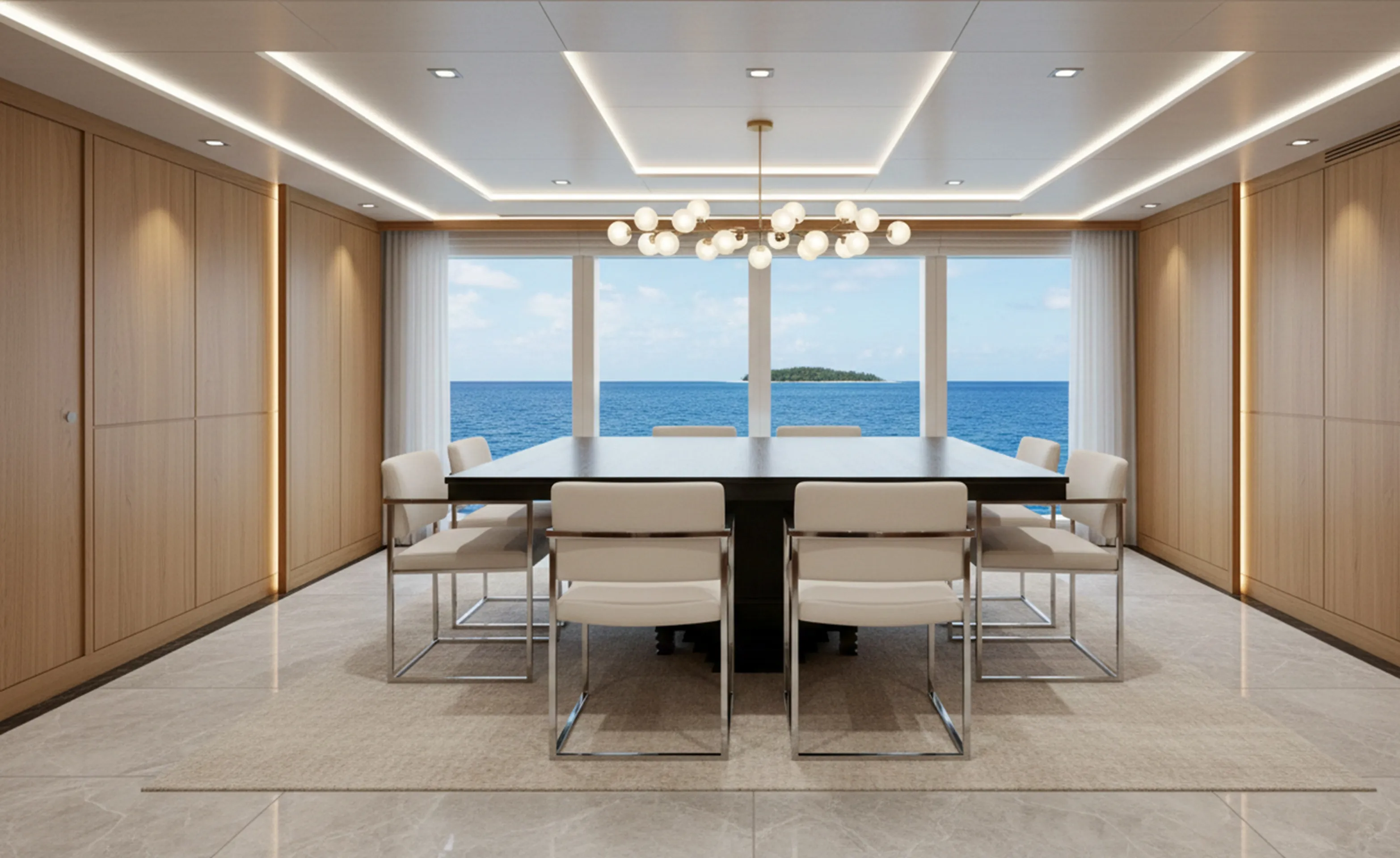 Antique dining table for eight people in a modern setting with ocean view windows.
