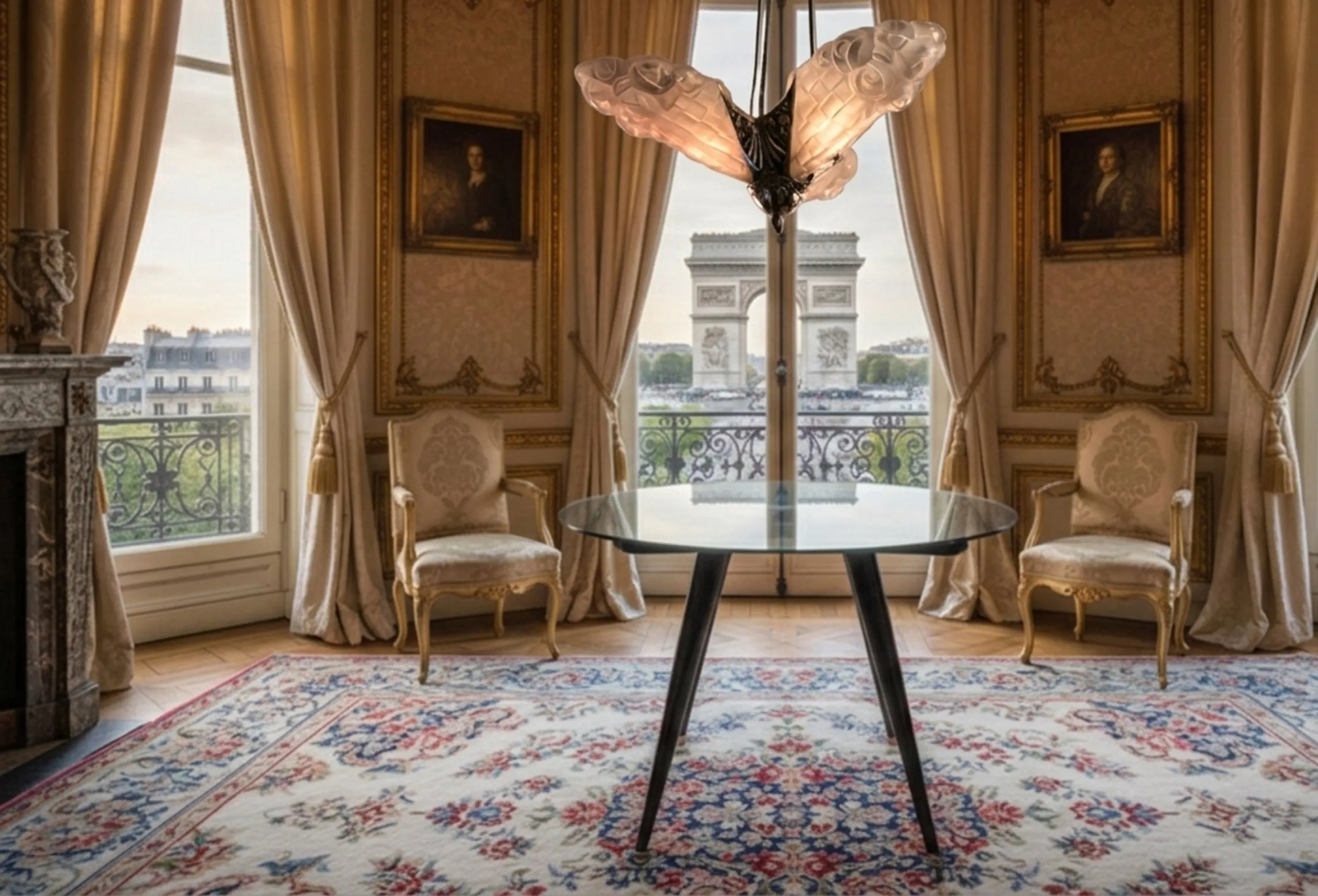 antique hanging lamp degue in an elegant room with a view
