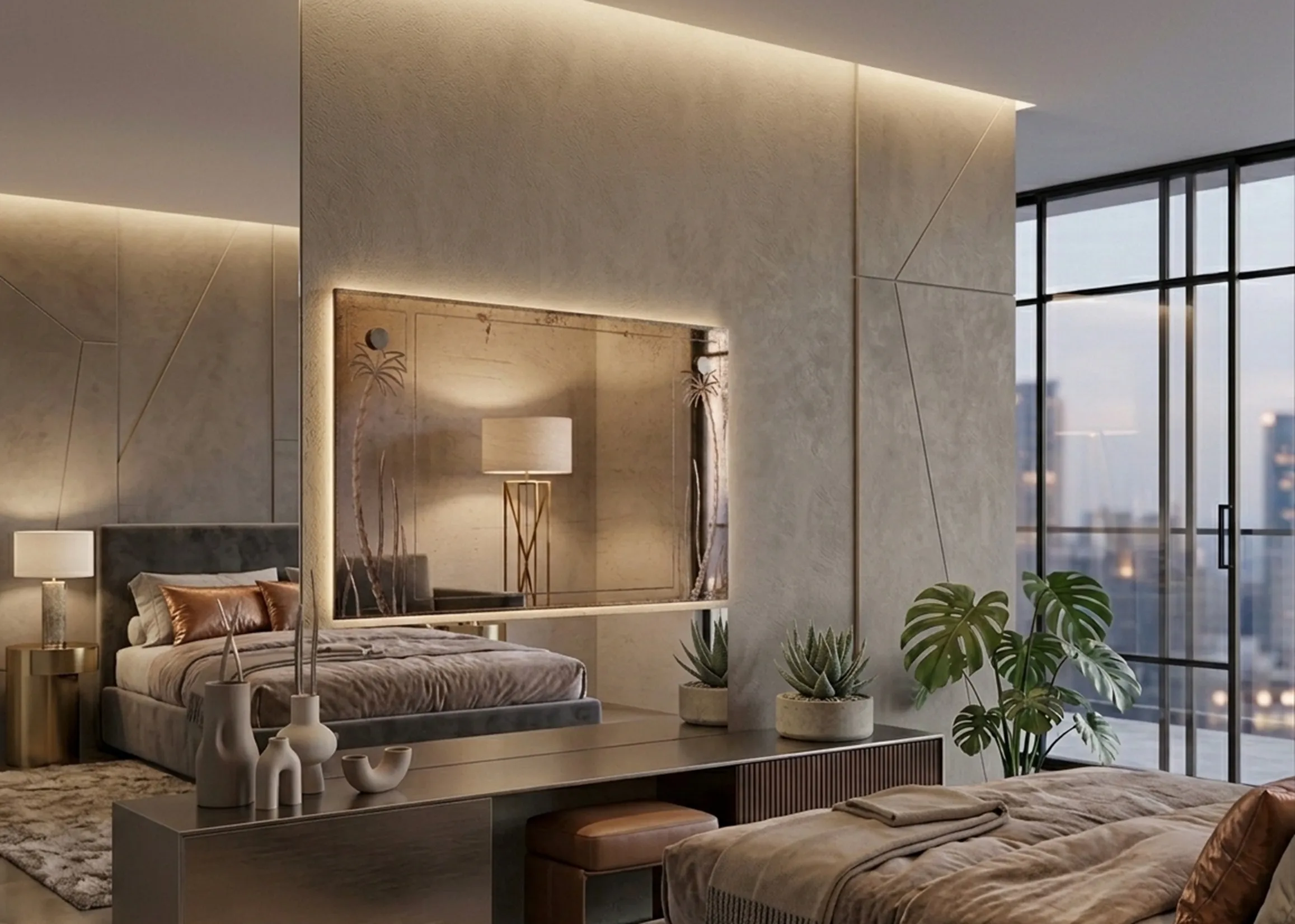 antique decorative mirror in a modern bedroom with plants
