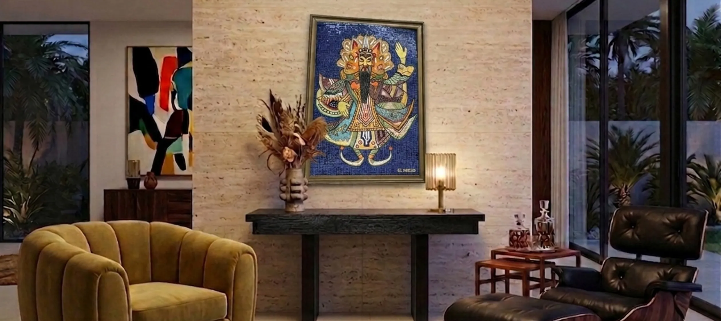 Quadro de mosaico antigo com cores vibrantes em um ambiente moderno.