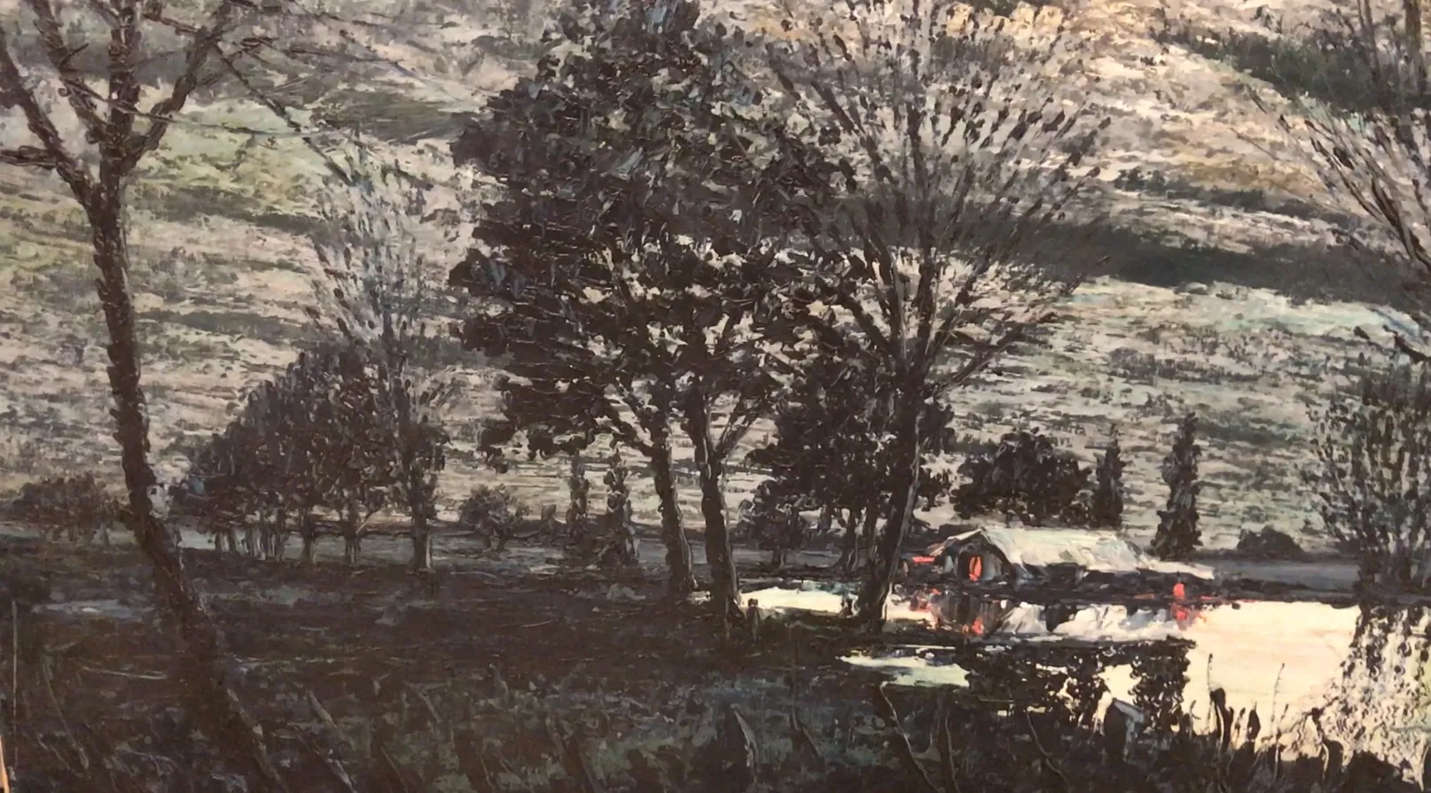 Pintura antiga Crispino com paisagem escura e árvores.