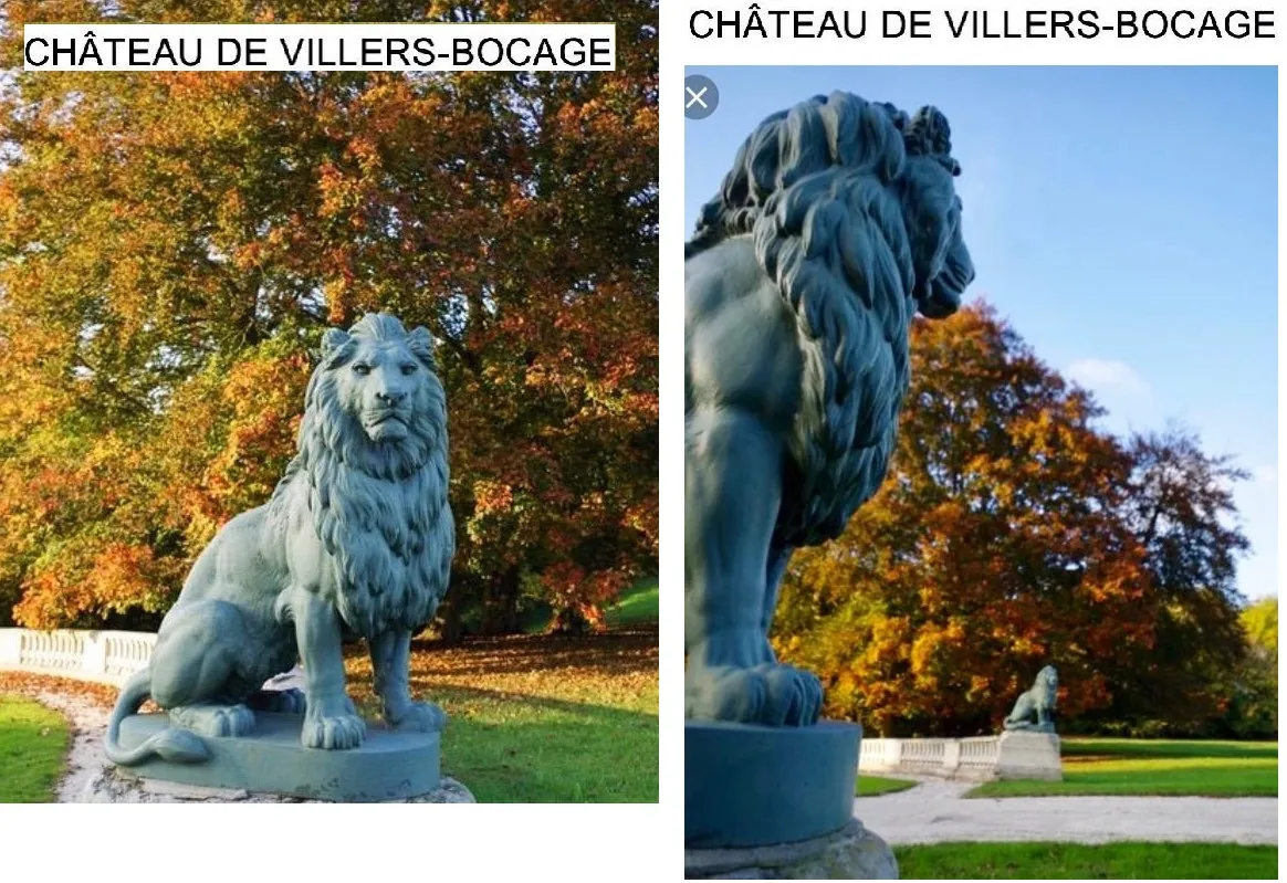 sculpture of two antique lions in a colorful park