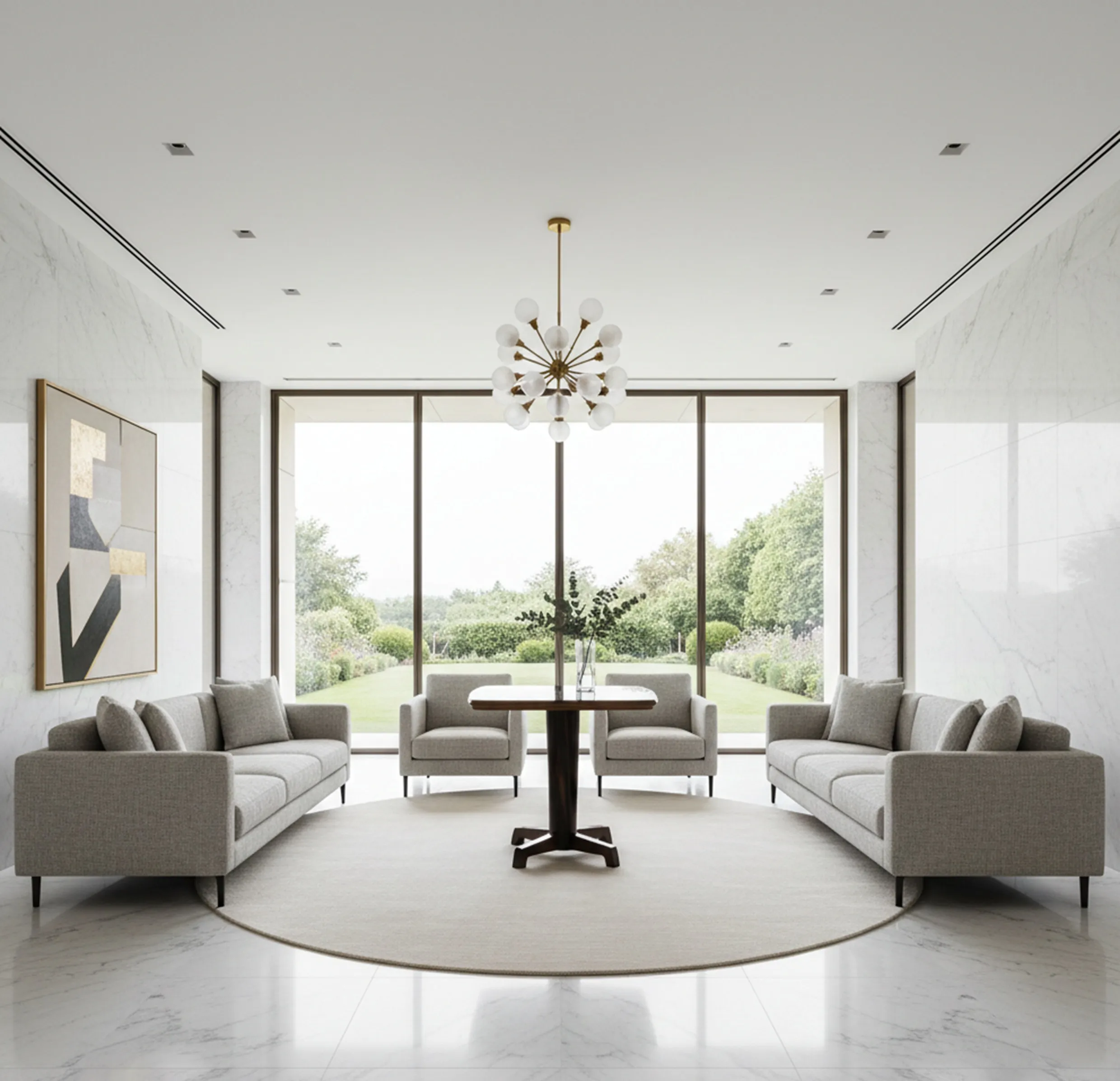 Antique small table in modern living room with gray sofas and outdoor garden.