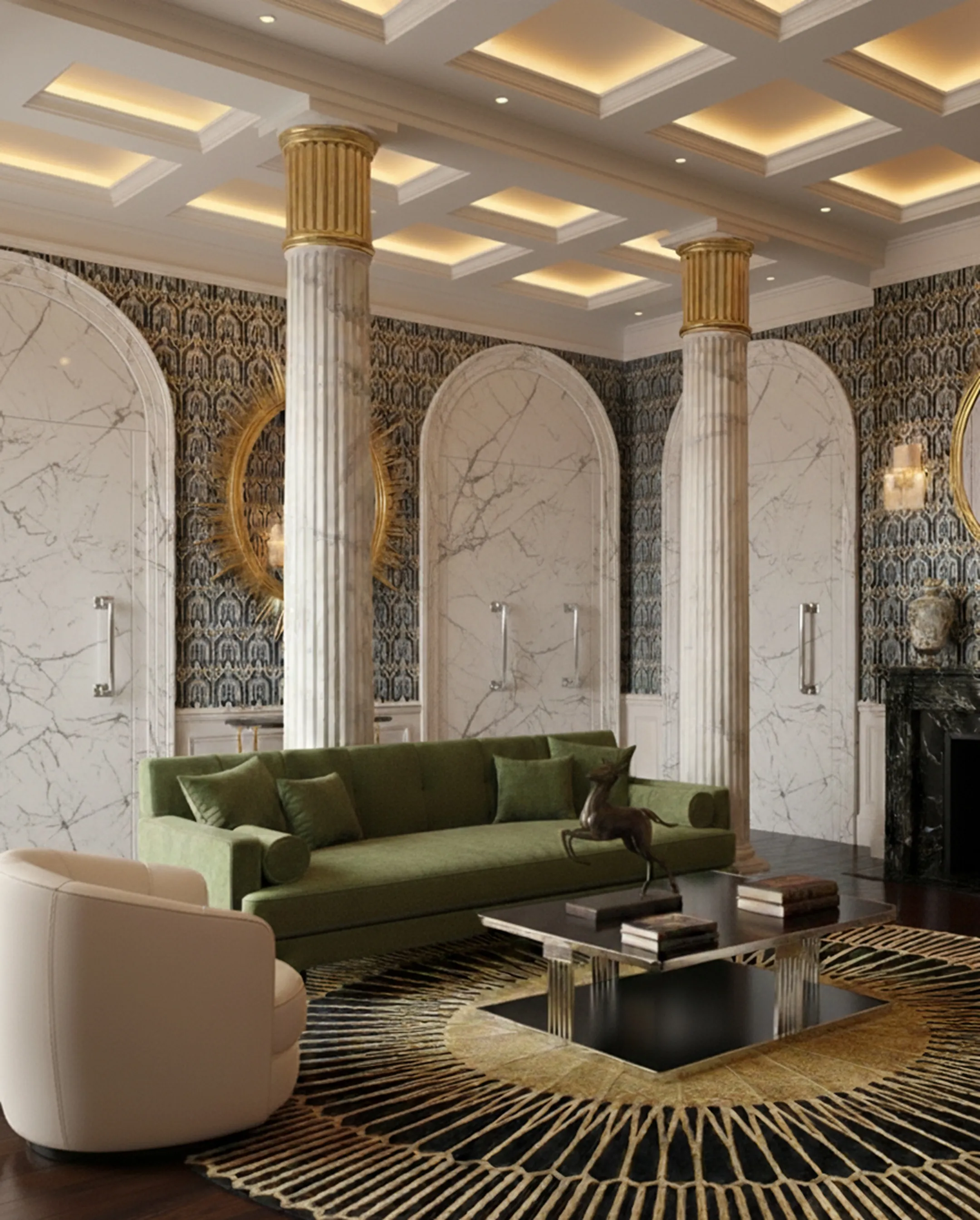 antique door handles in a living room with columns and decor