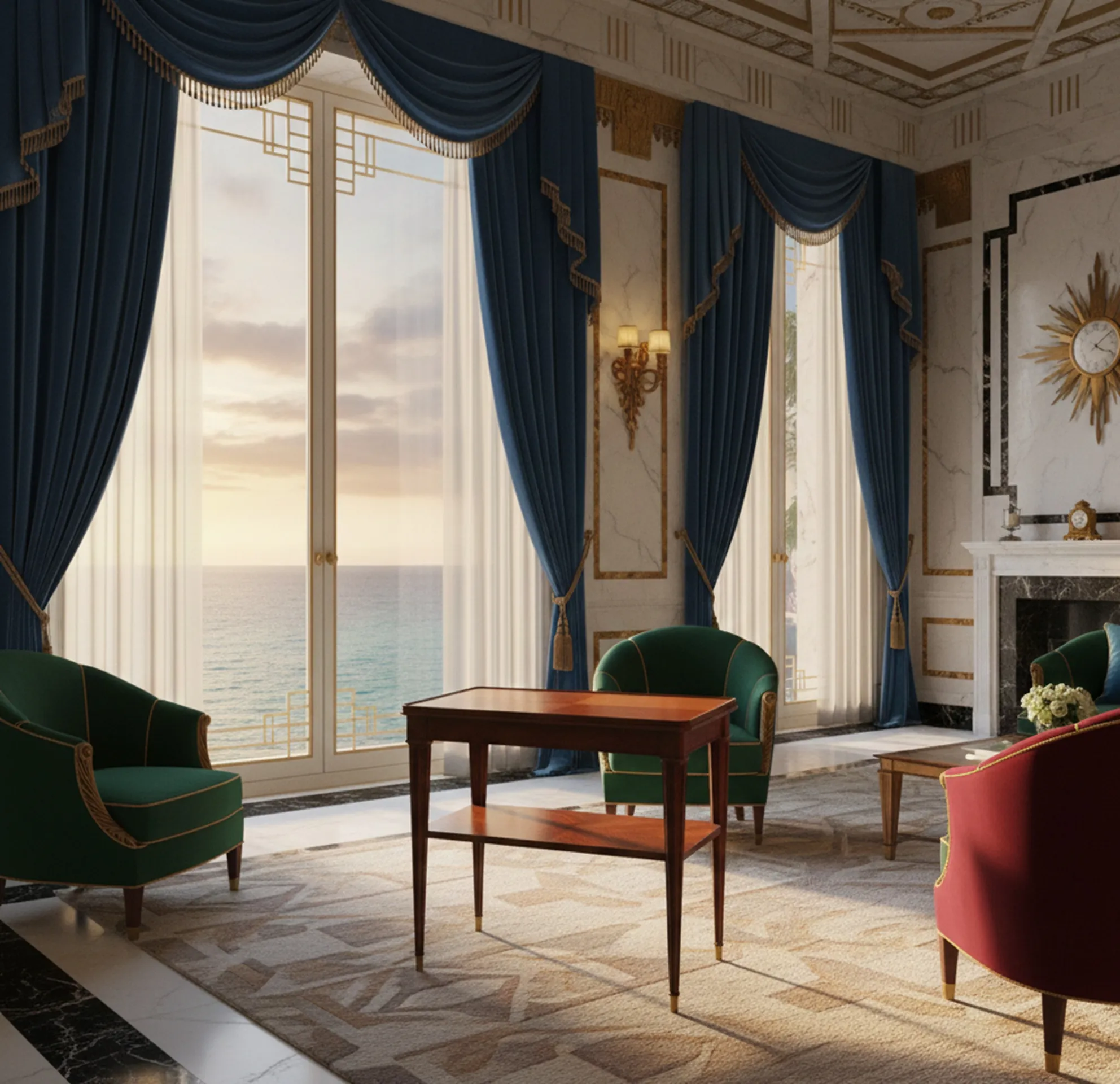 antique small table in an elegant setting by windows with sea view