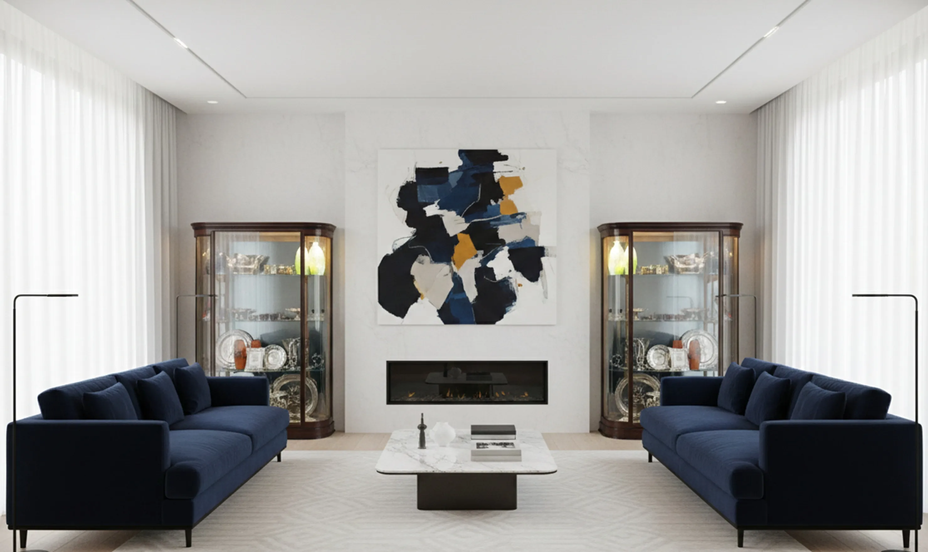 Two antique display cabinets in a modern living room with art