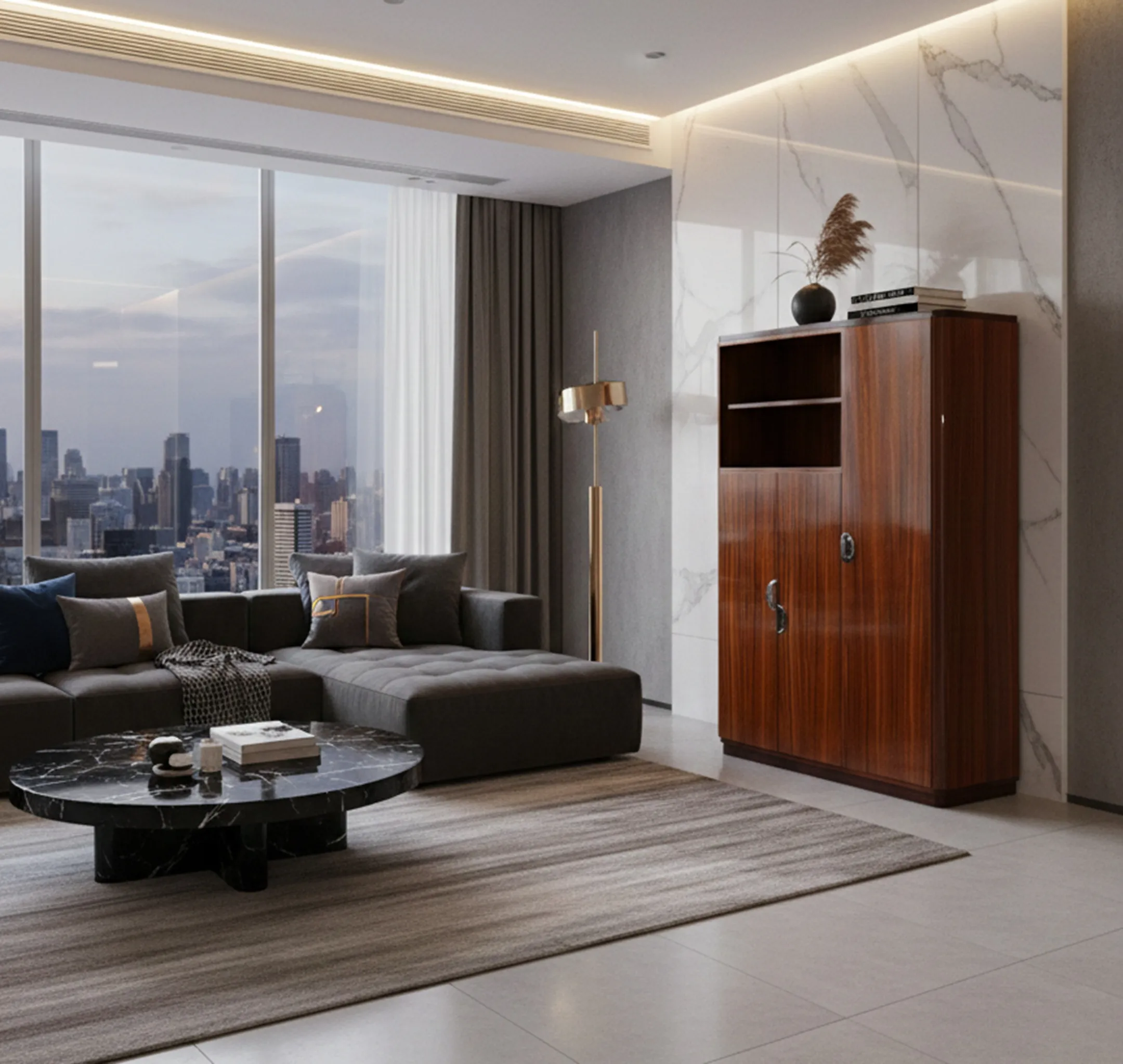 Antique bookcase with shelf in a modern living room, urban view.