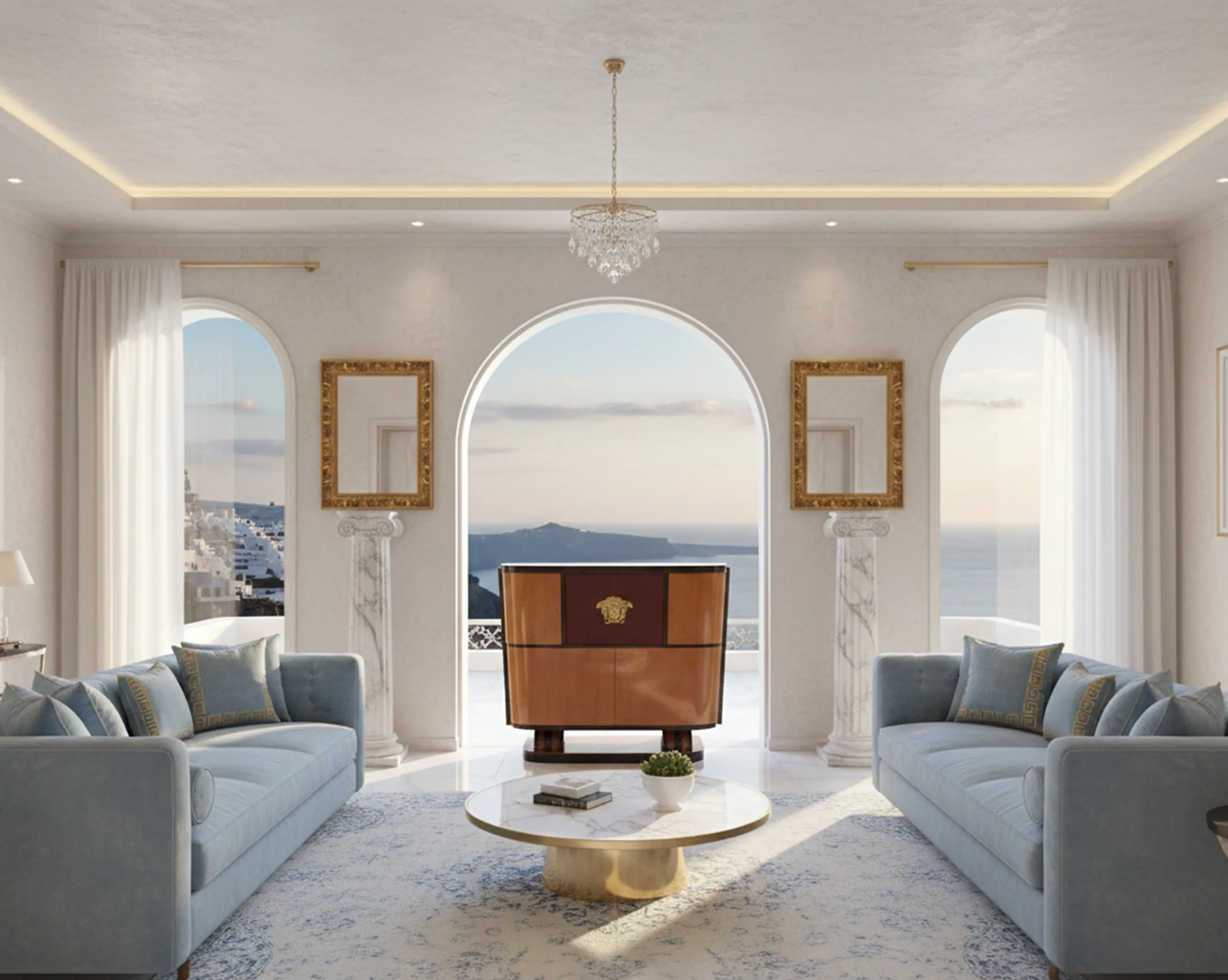 antique bookcase with elegant decor in a modern living room