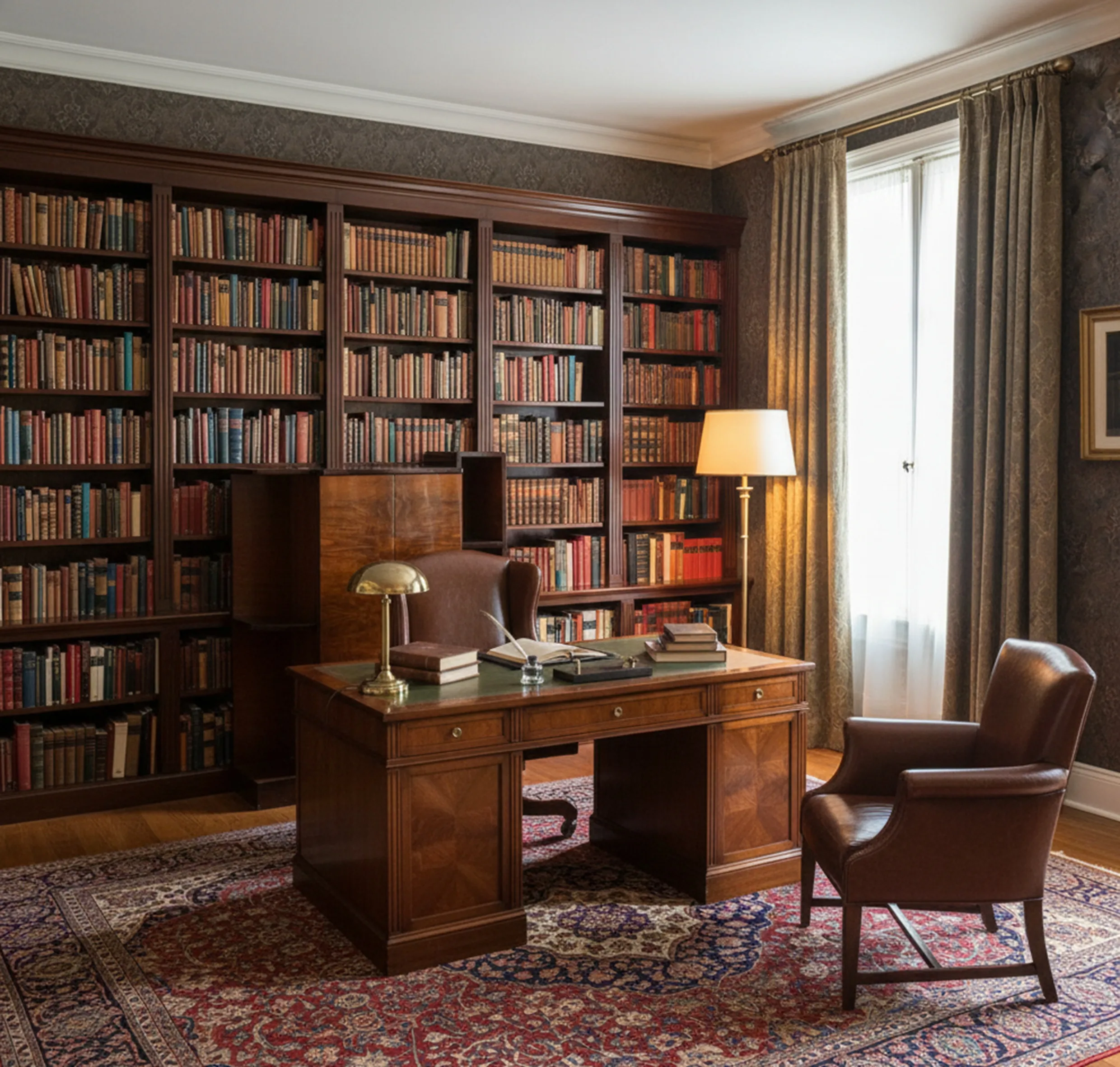 Antique bar with lamp in office decorated with bookshelves