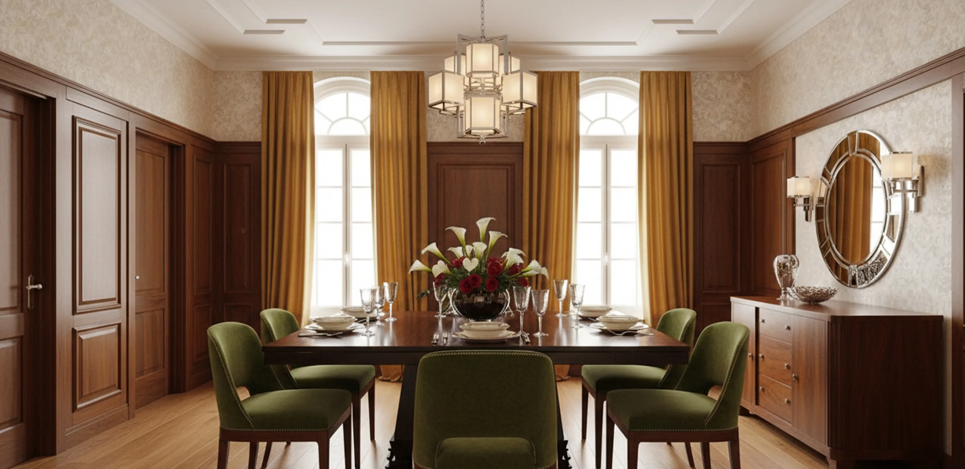 Antique dining table for eight people, with floral arrangement.