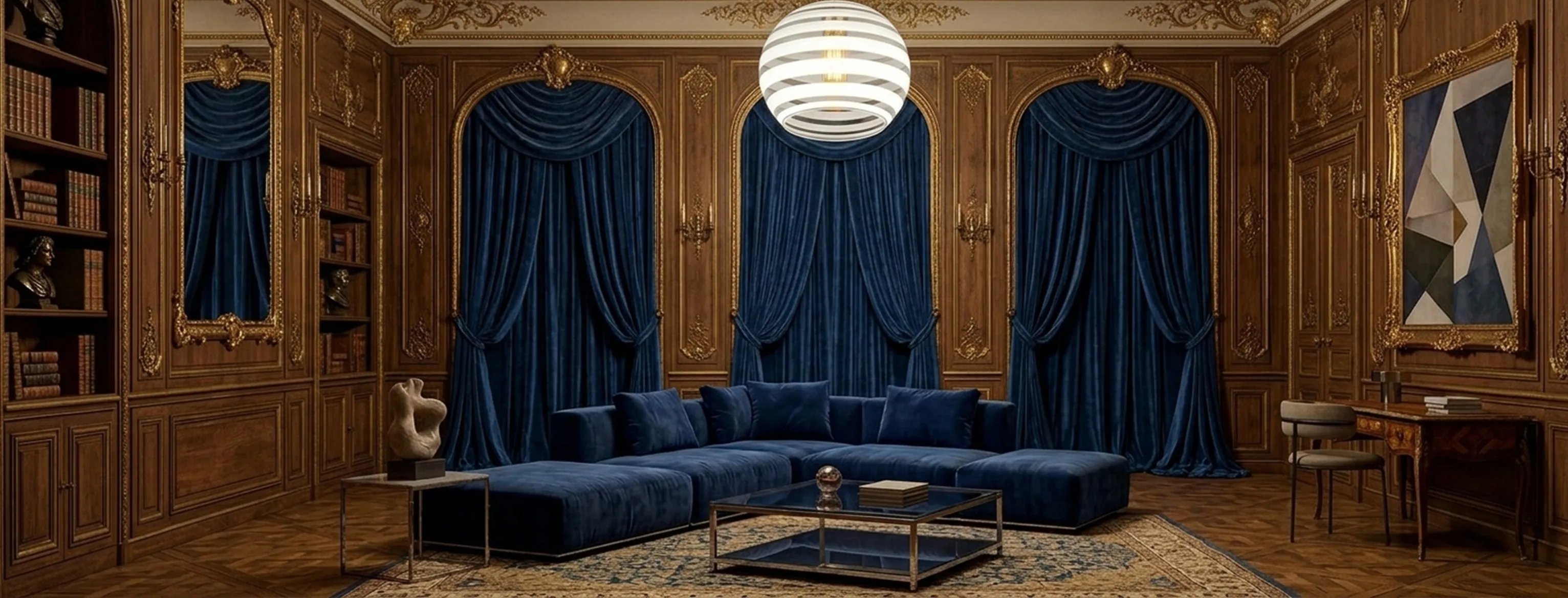 Antique hanging lamp by Paolo Venini above a dark blue sofa in an elegant setting.