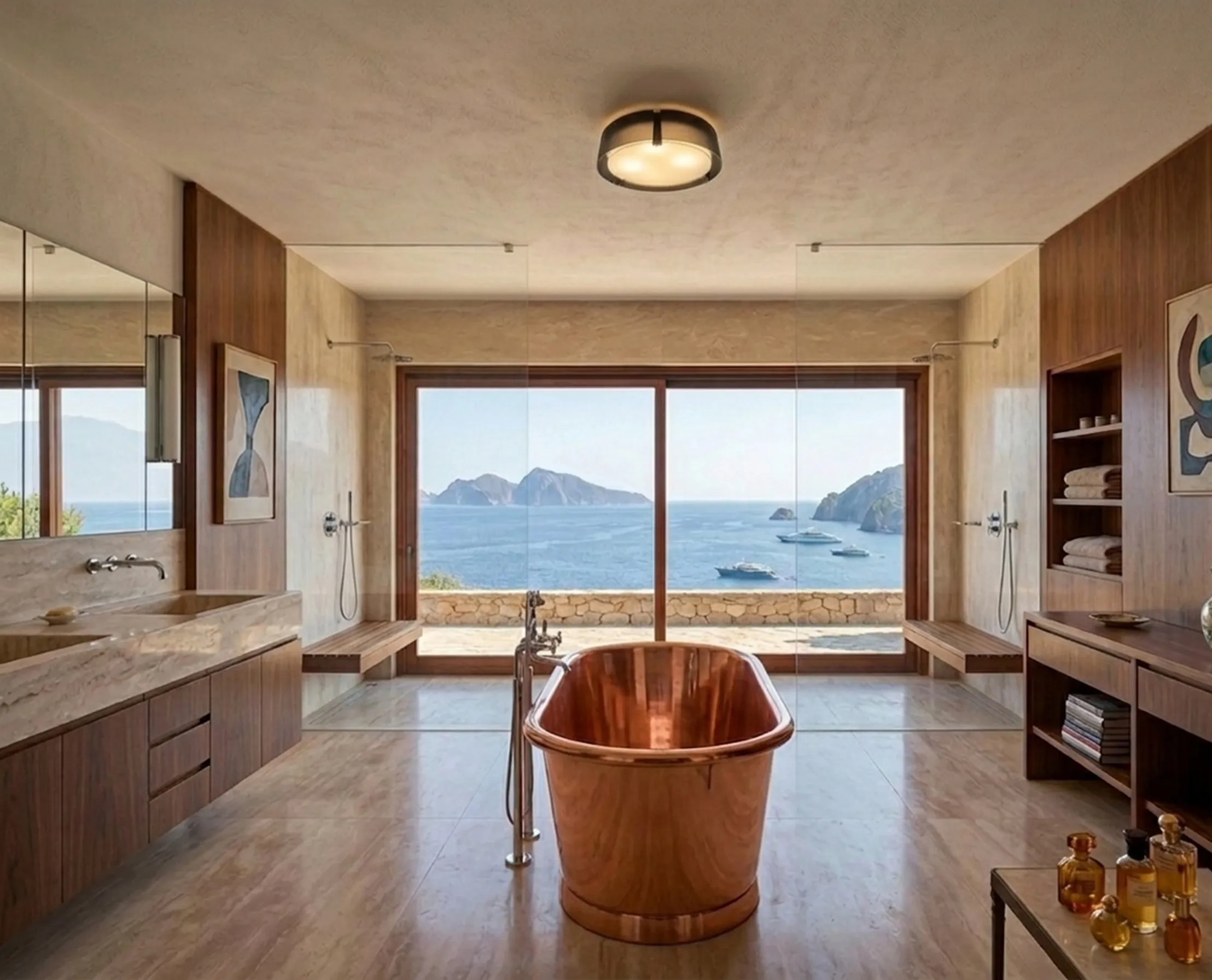 antique ceiling light in a bathroom with sea view