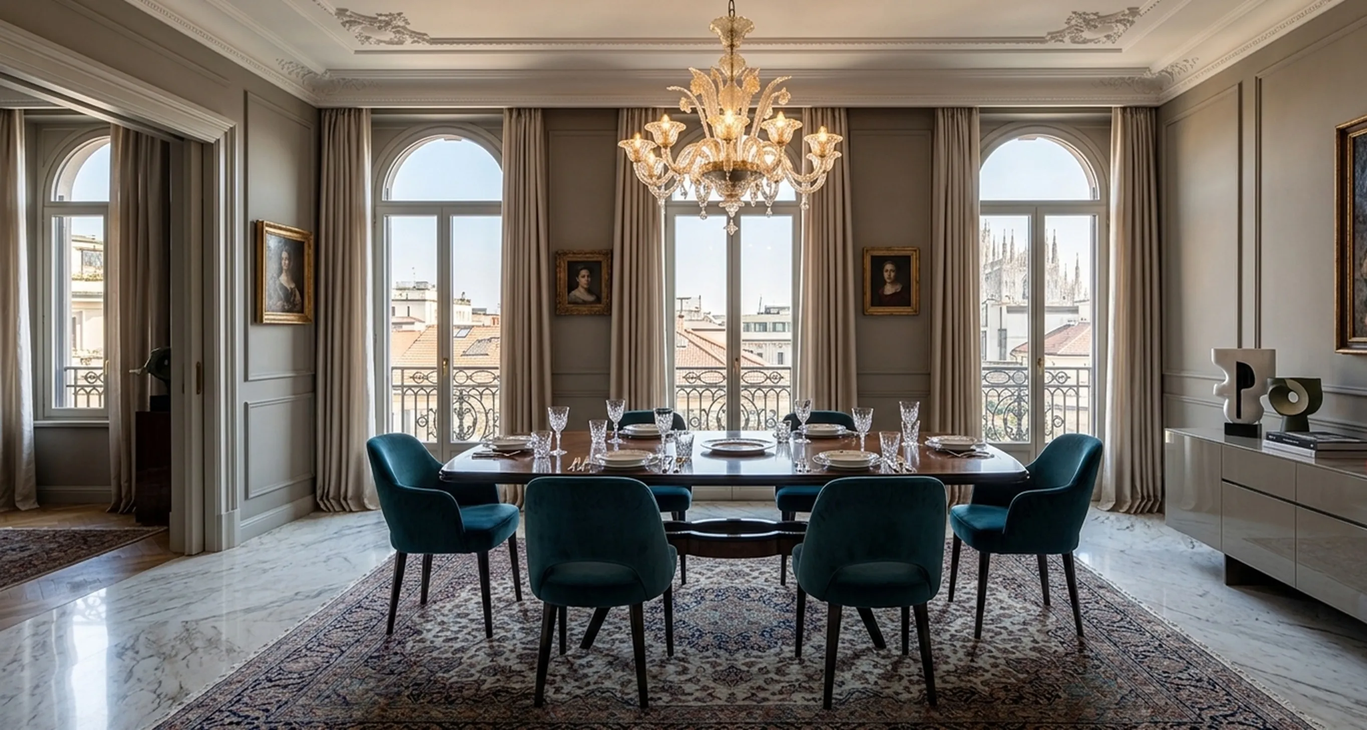 Antique dining table for 8 people, elegant and sophisticated, set with tableware and glasses.