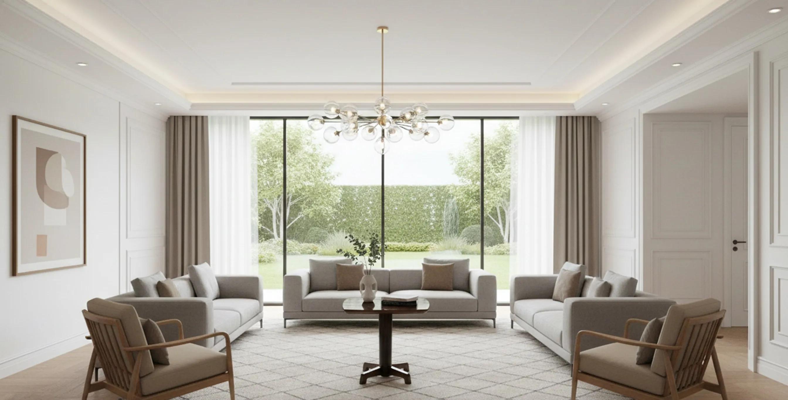 Antique small table in a modern setting with gray sofas and natural light