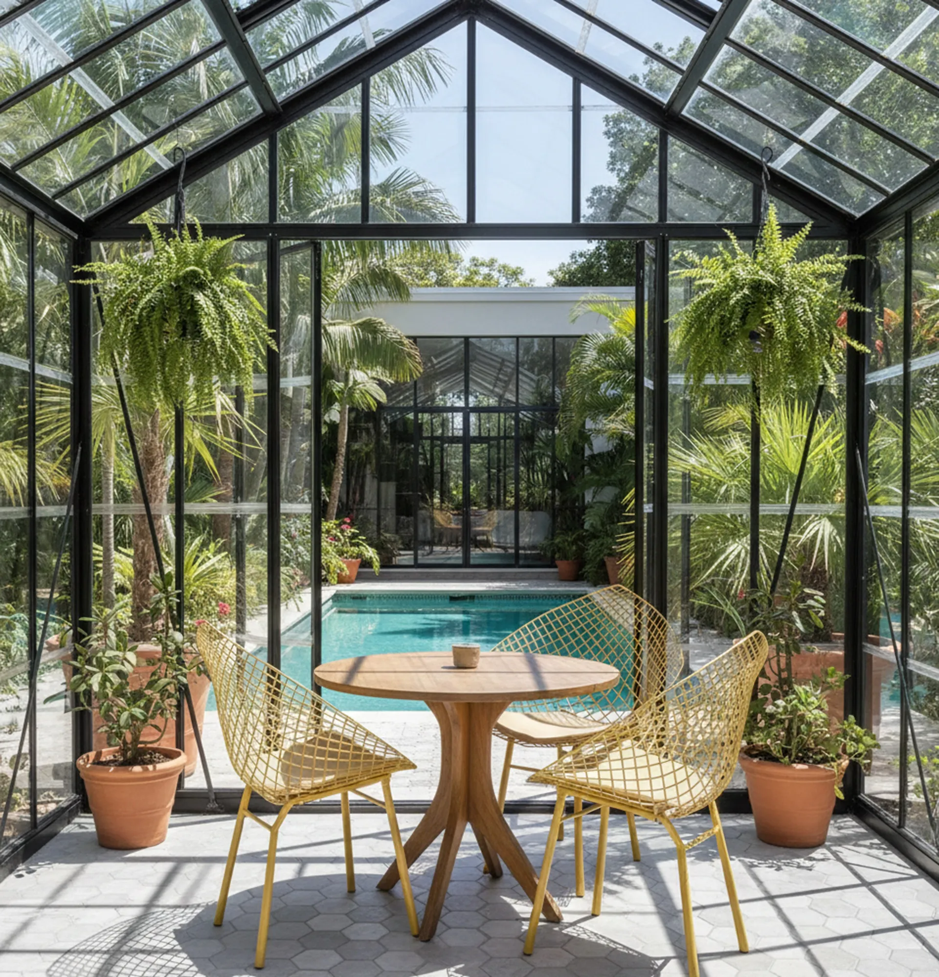 Three antique garden armchairs surrounded by plants in a greenhouse