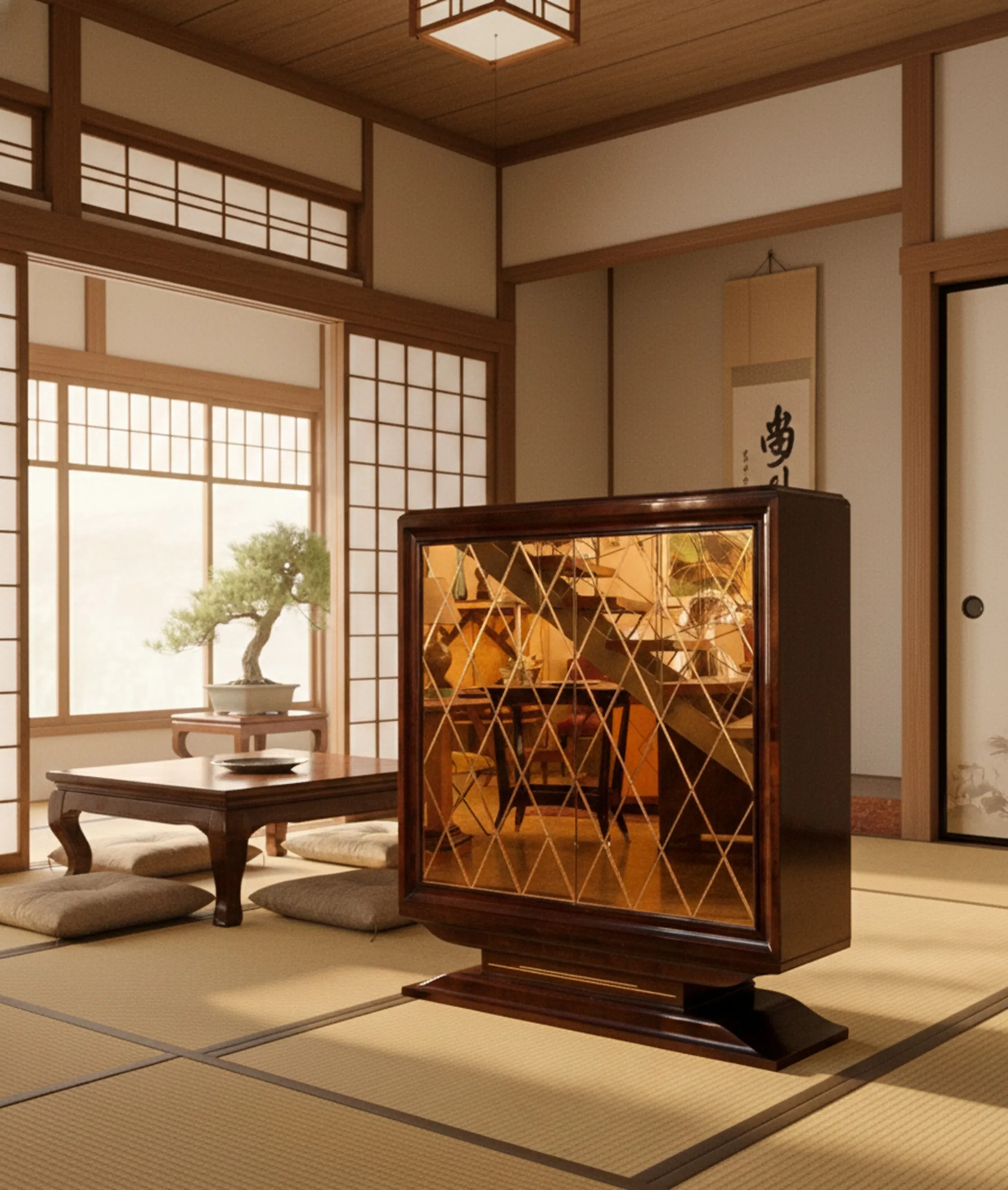 antique bar with golden reflections in a Japanese living room with tatami and plant