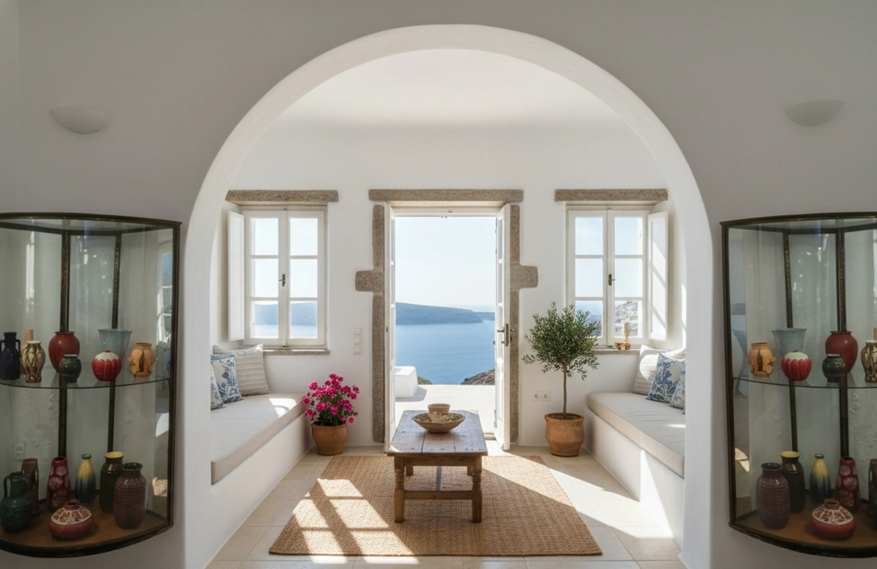 two antique display cabinets with ceramics in bright room
