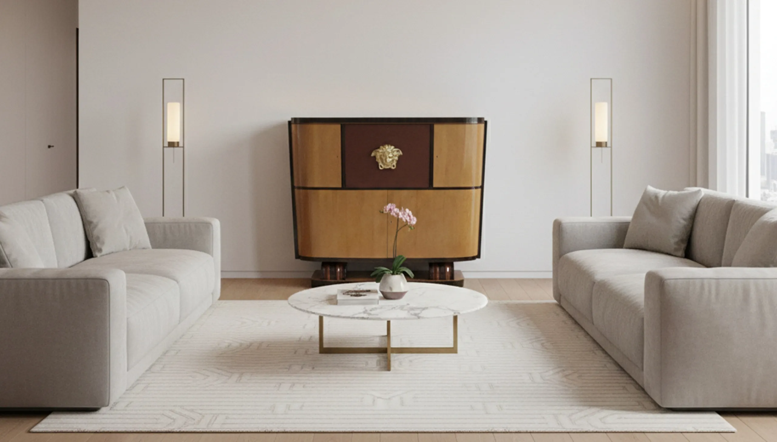 Antique bookcase in a modern living room with sofa and coffee table.