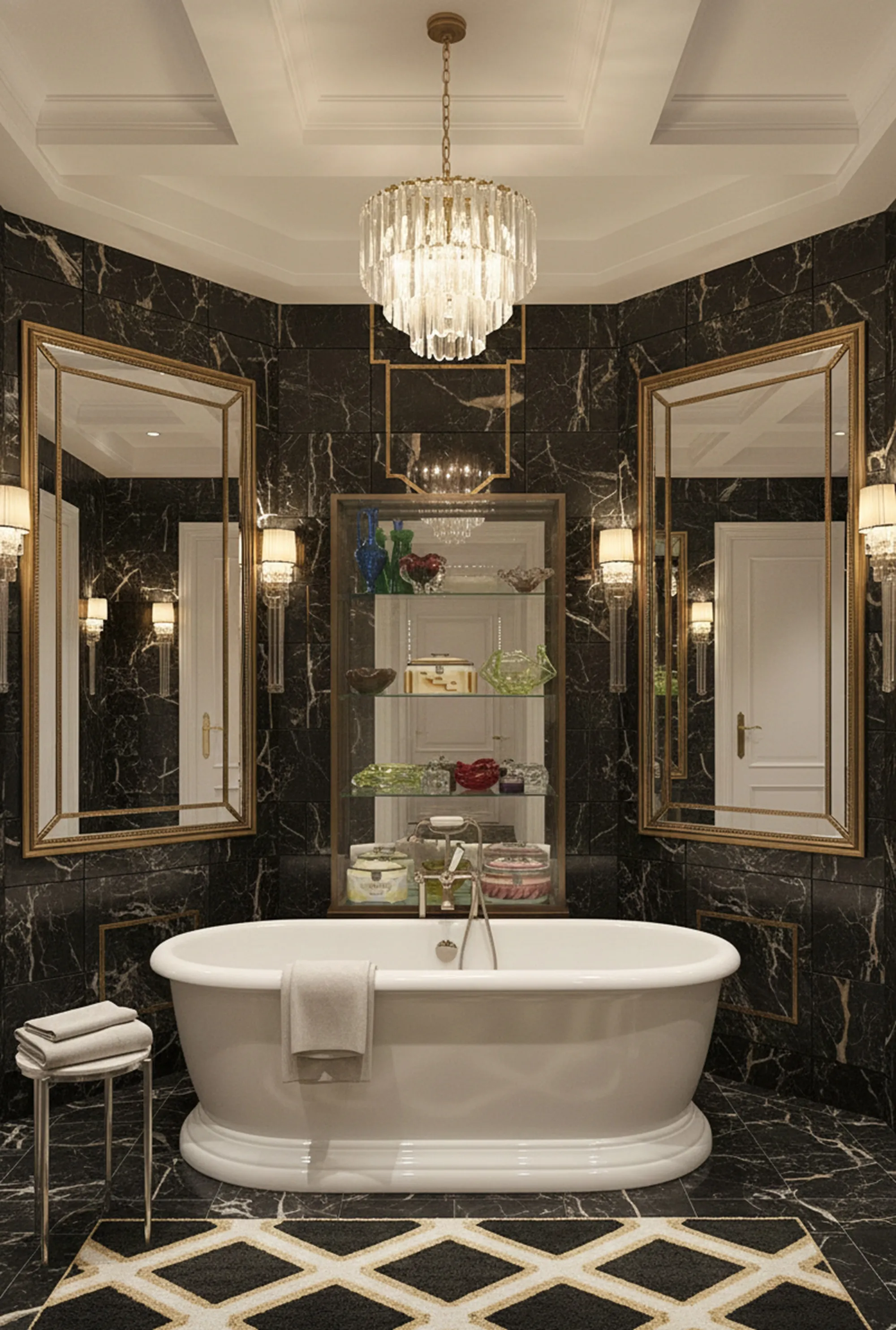 Antique display cabinet in bathroom, featuring mirrors and light.